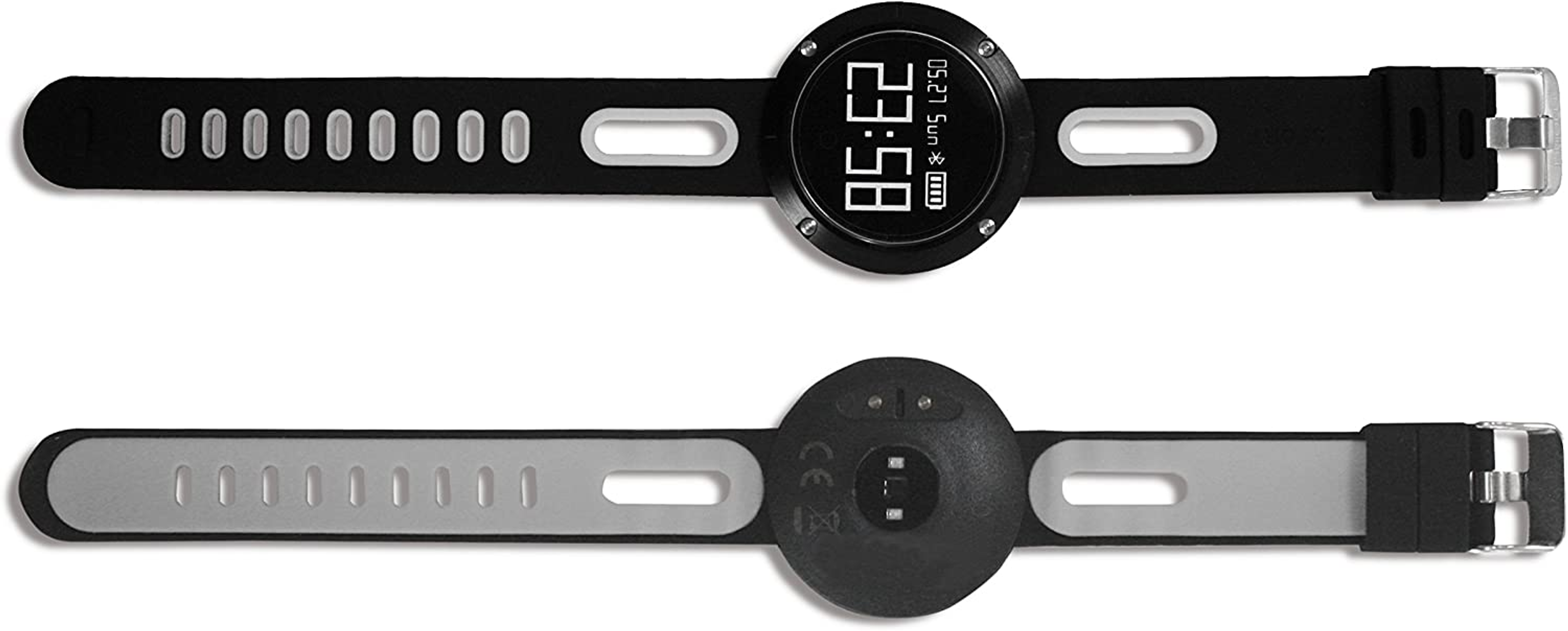 Uno smartwatch, vista dall'alto e dal basso. Cinturino nero, display bianco e cassa nera.