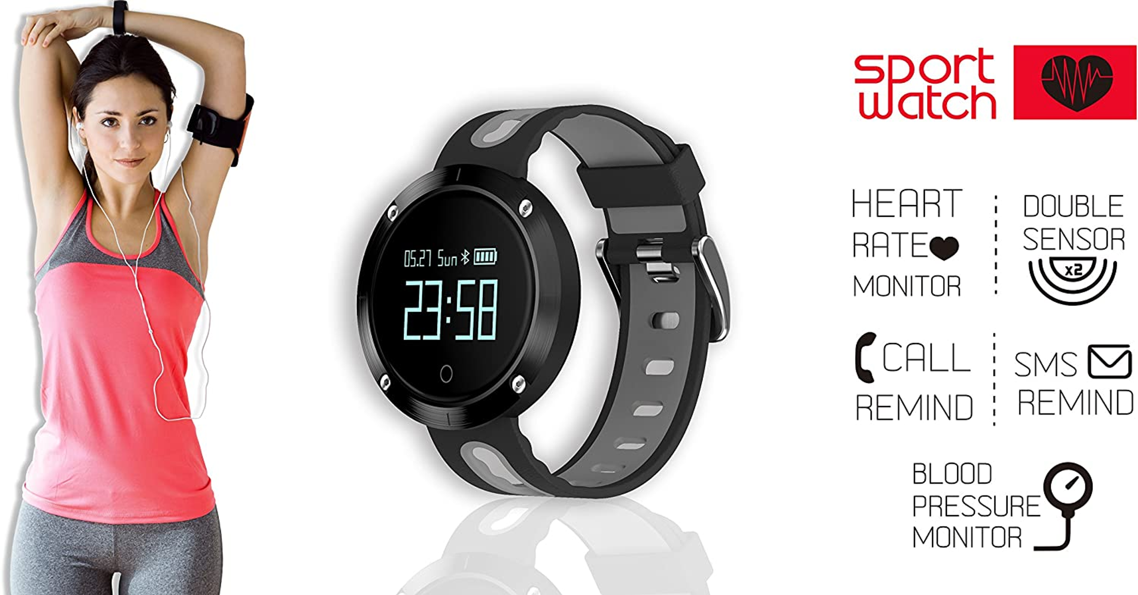 Donna con smartwatch durante l'allenamento. Testo: cardiofrequenzimetro, chiamata, SMS, pressione sanguigna.