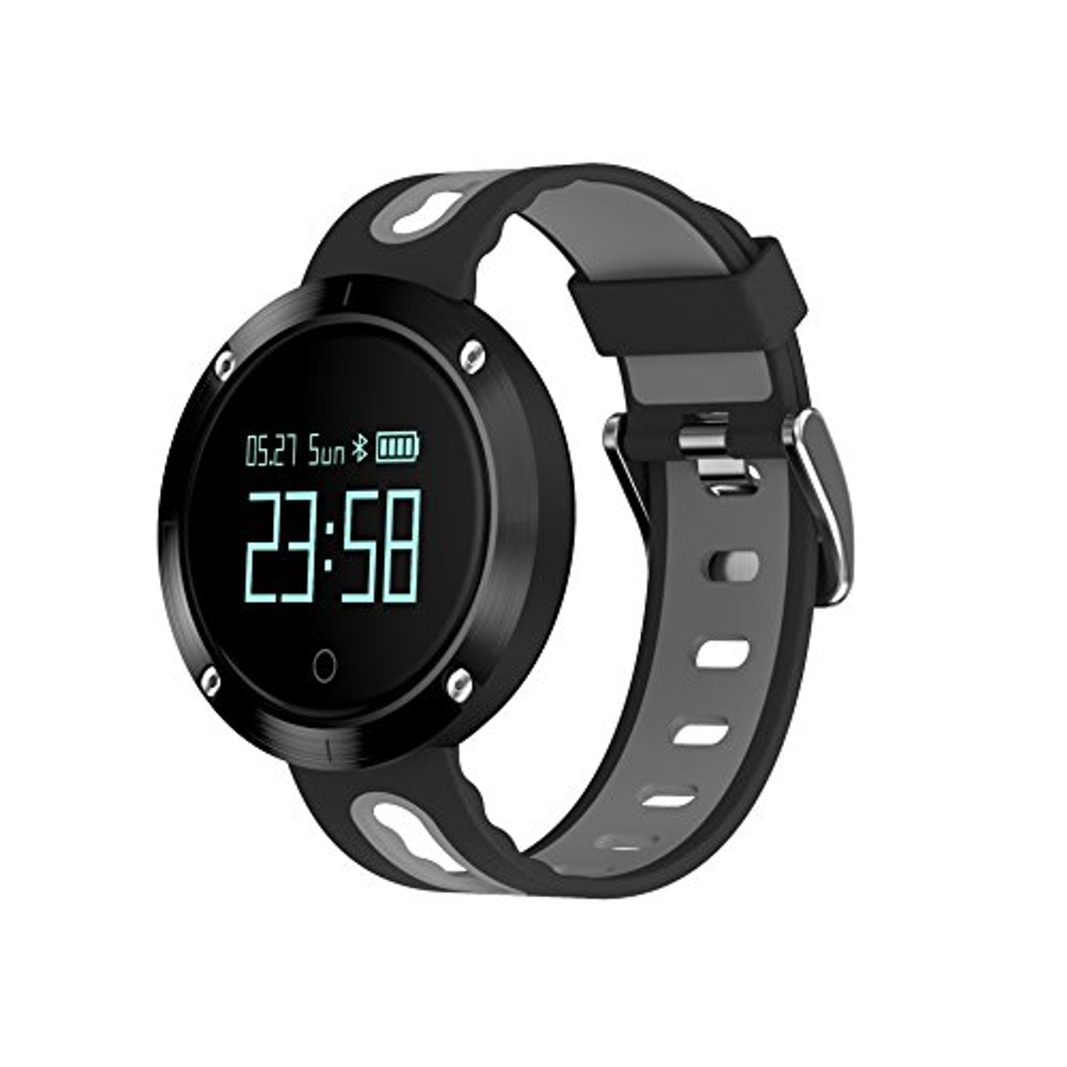 Smartwatch nero con display digitale che mostra l'ora.