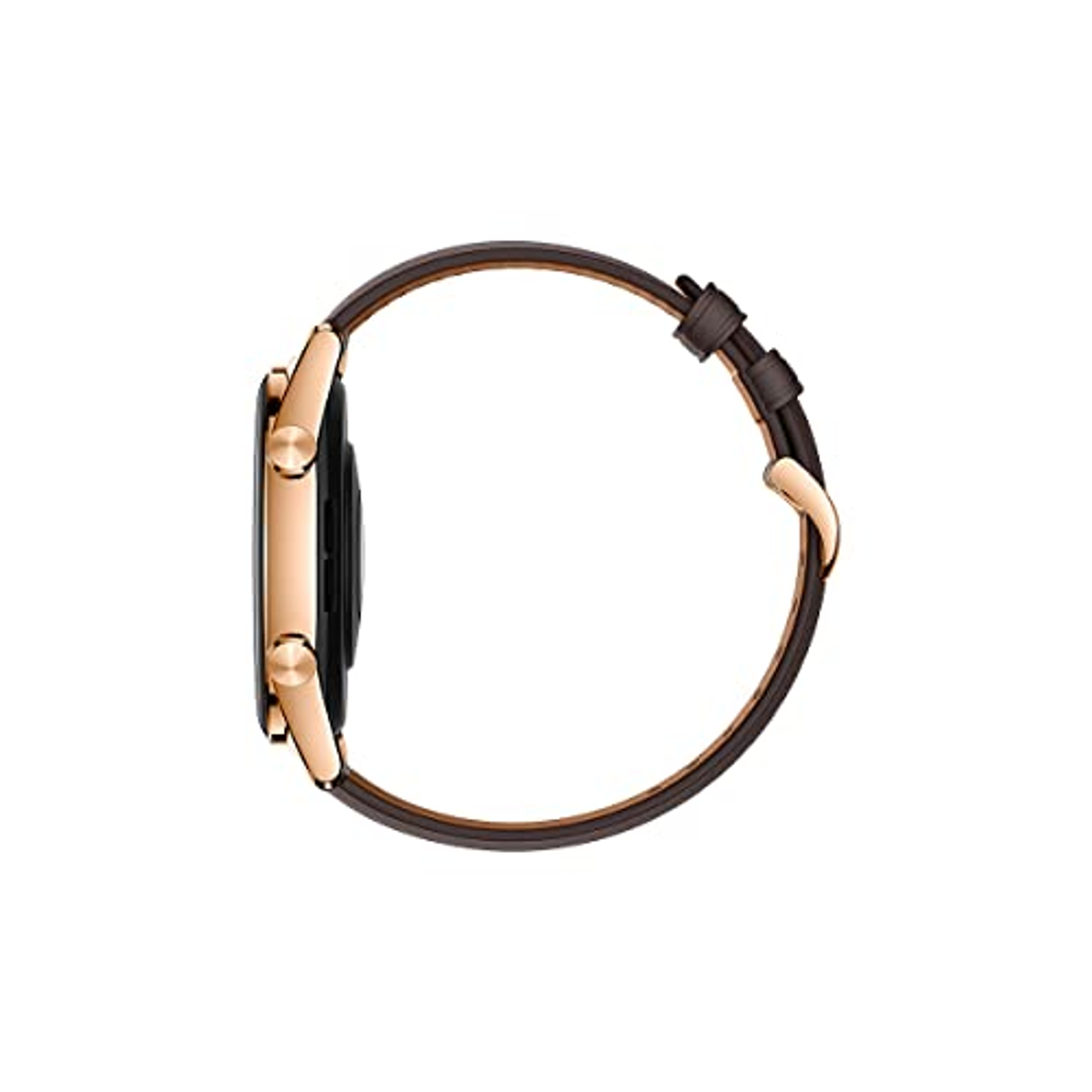 Seitenansicht einer goldenen Smartwatch mit braunem Lederarmband. Weißer Hintergrund.