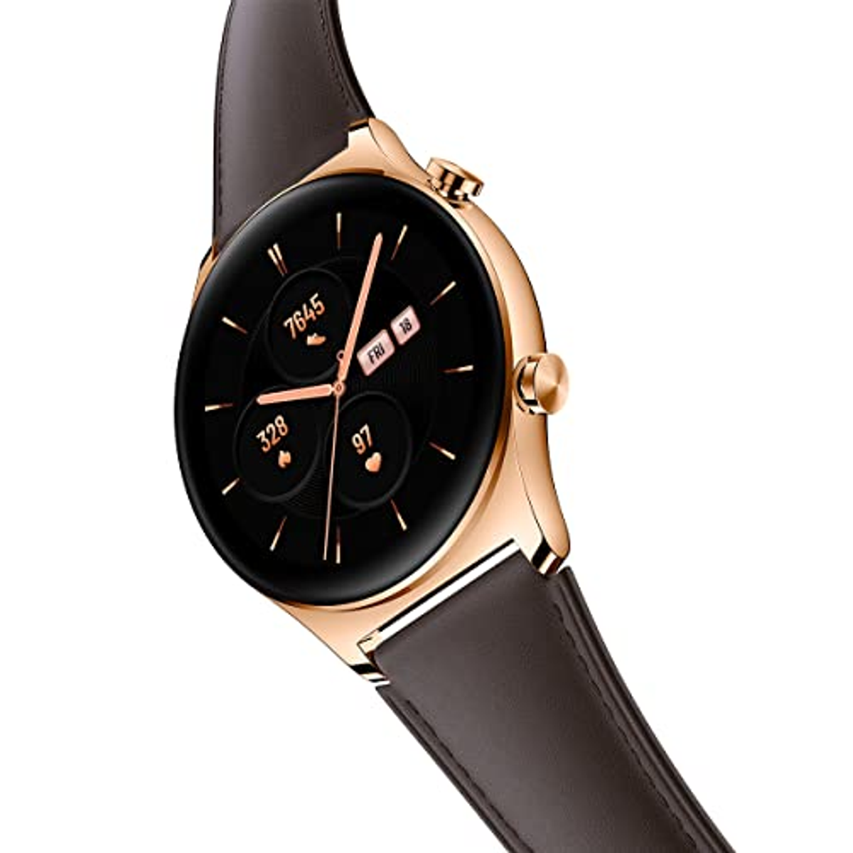 Roségoldene Smartwatch mit braunem Lederarmband, Fitnessdaten auf schwarzem Bildschirm.