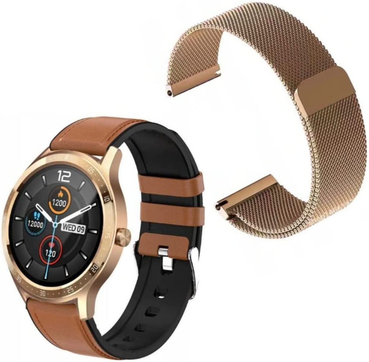 Złoty smartwatch z brązowym skórzanym paskiem i dodatkowym złotym paskiem z siatki. Białe tło.