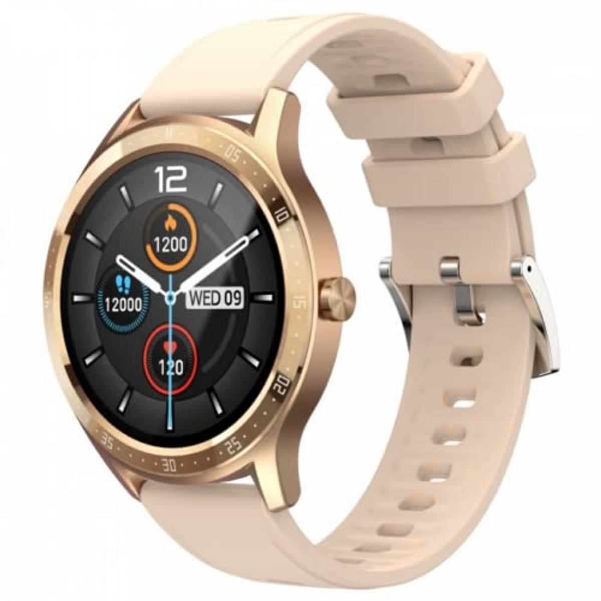 Złoty smartwatch z jasnobeżowym paskiem. Zegarek wyświetla czas i dane aktywności.