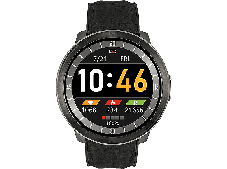 WATCHMARK WM18 schwarzes Leder Smartwatch Kunststoff Leder, Schwarzes Leder