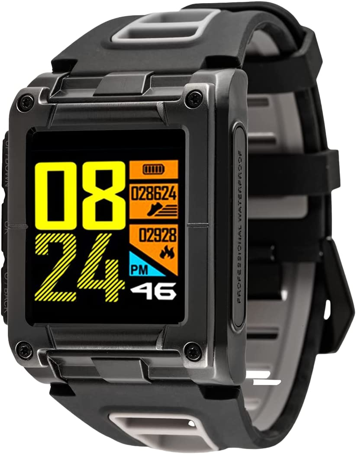 Schwarze Smartwatch, Digitalanzeige mit Uhrzeit, Datum und Symbolen. Schwarzer und grauer Rahmen, schwarzes Armband.