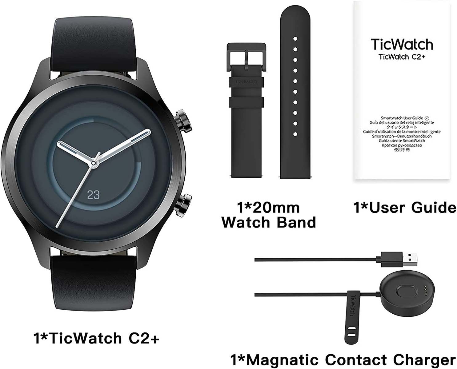 Smartwatch negra, correa negra, banda de reloj, guía del usuario y cargador. Todo sobre una superficie blanca.