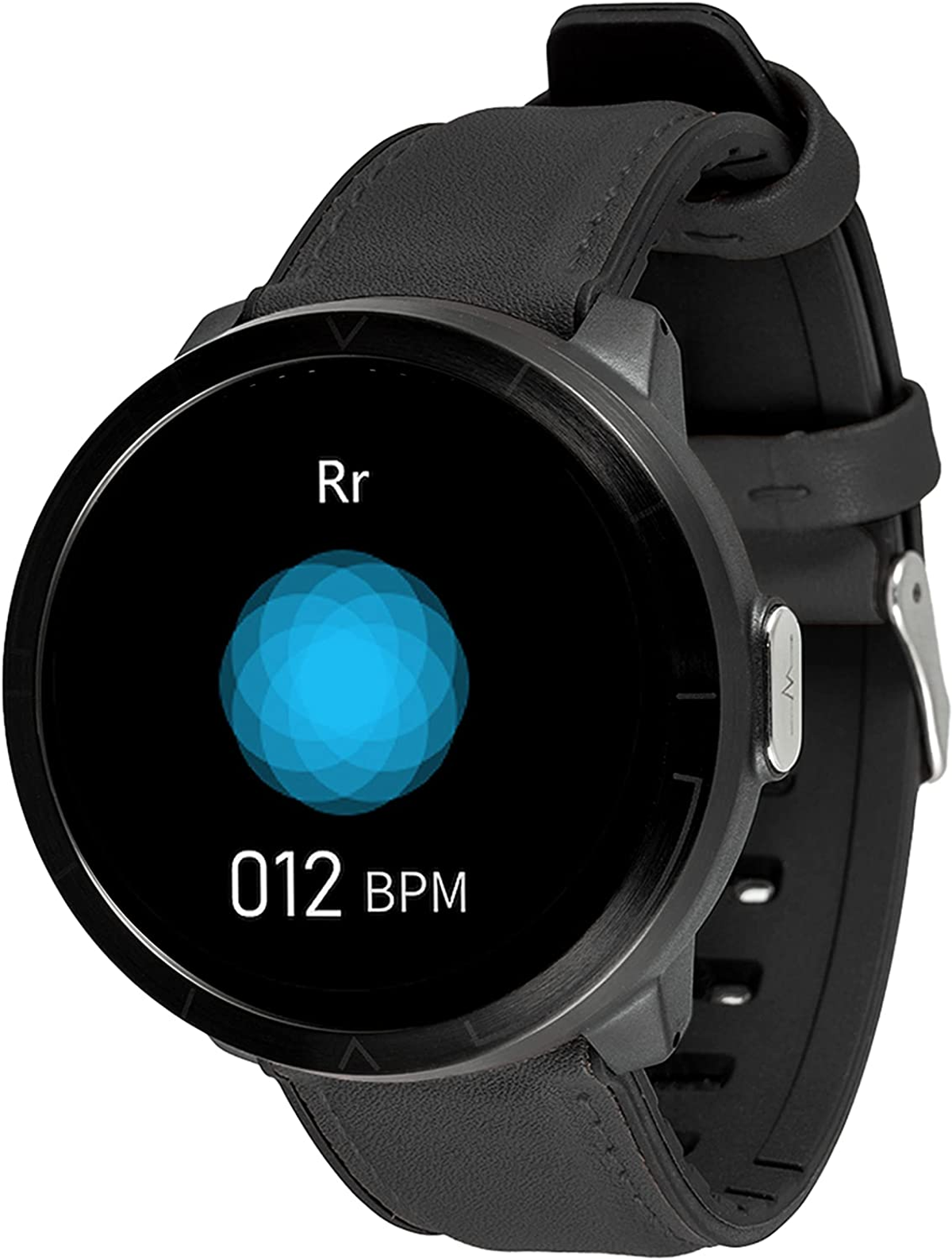 Czarny smartwatch. Niebieskie koło wyświetla tętno. Zegarek pokazuje 012 BPM.