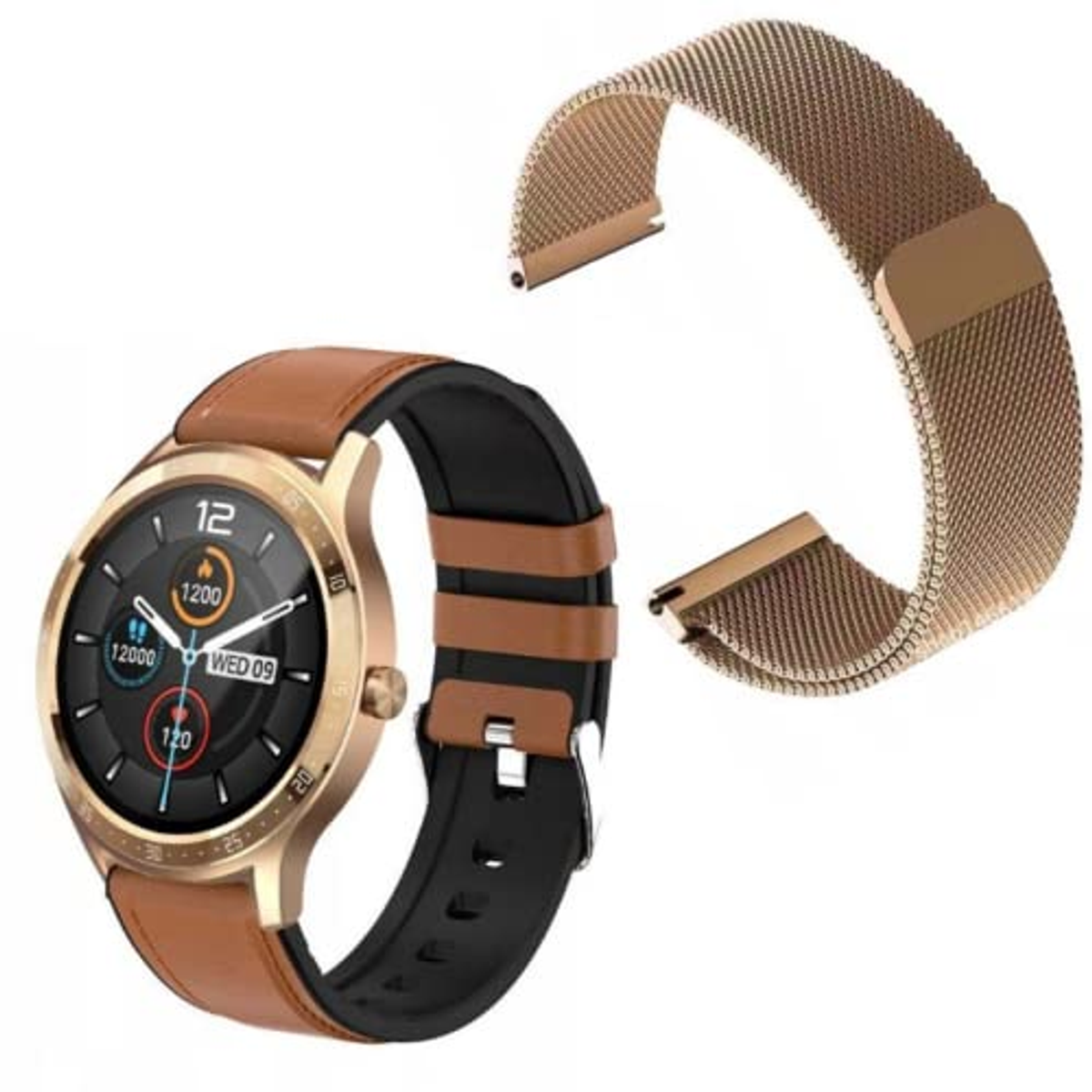 Smartwatch z brązowym skórzanym paskiem, obok paska z metalowej siatki. Tarcza wyświetla czas i inne wskaźniki.