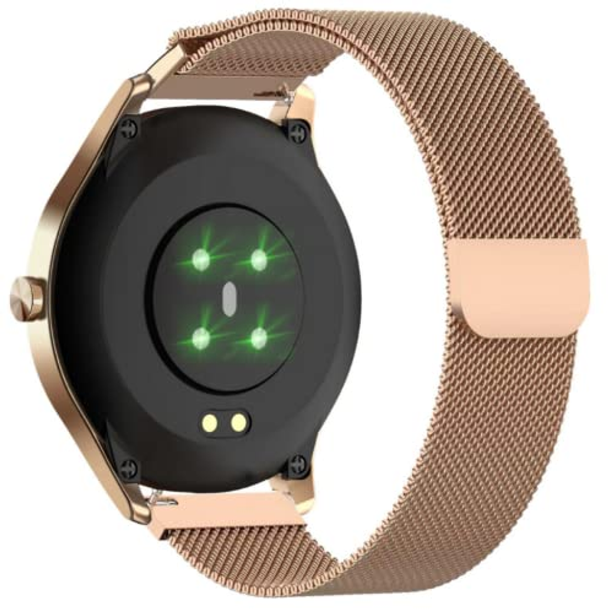 Zegarek smart w kolorze różowego złota z siatkowym paskiem. Tył pokazuje czujniki.