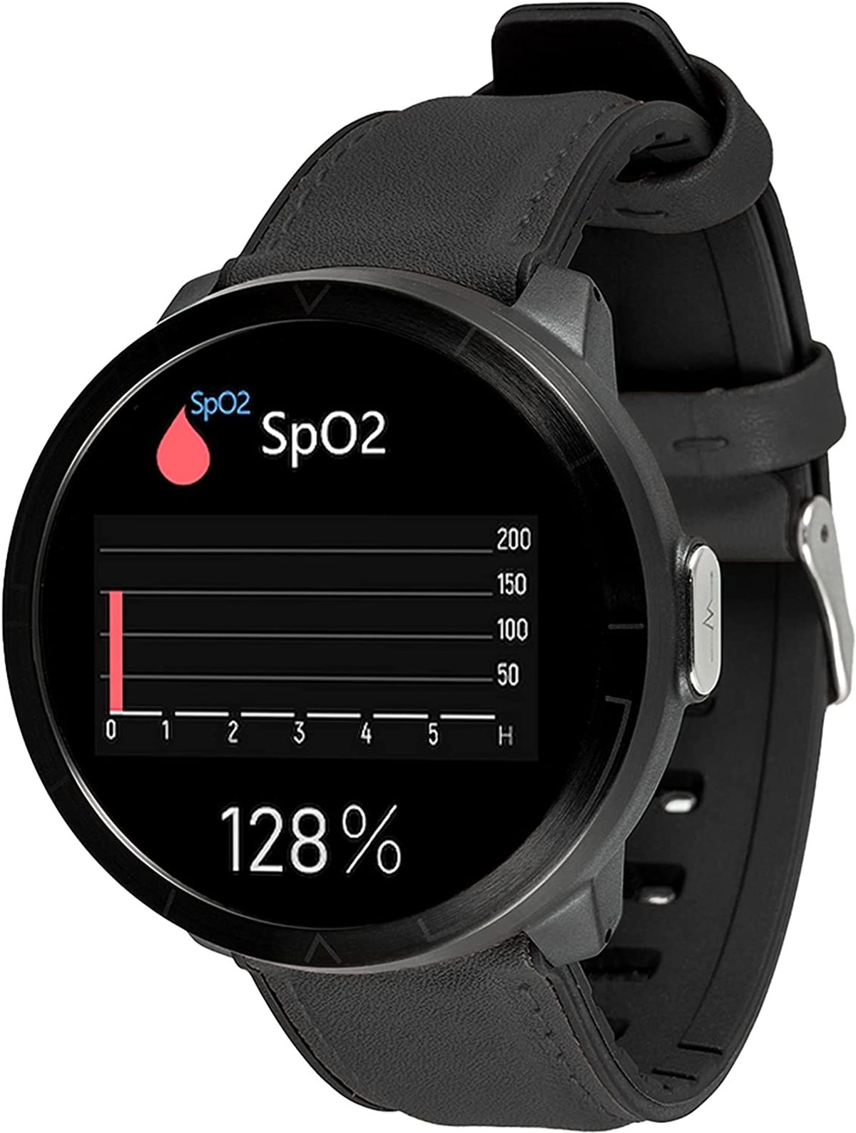 Czarny smartwatch pokazujący odczyt SpO2 na czarnej tarczy z czerwonym wskaźnikiem SpO2, na białym tle.