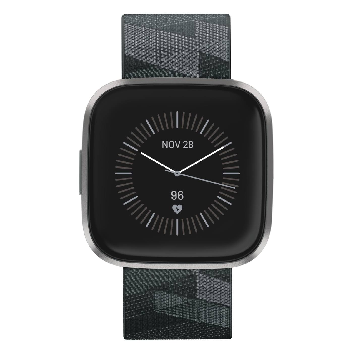 Smartwatch negra con esfera cuadrada, mostrando la fecha y frecuencia cardíaca.