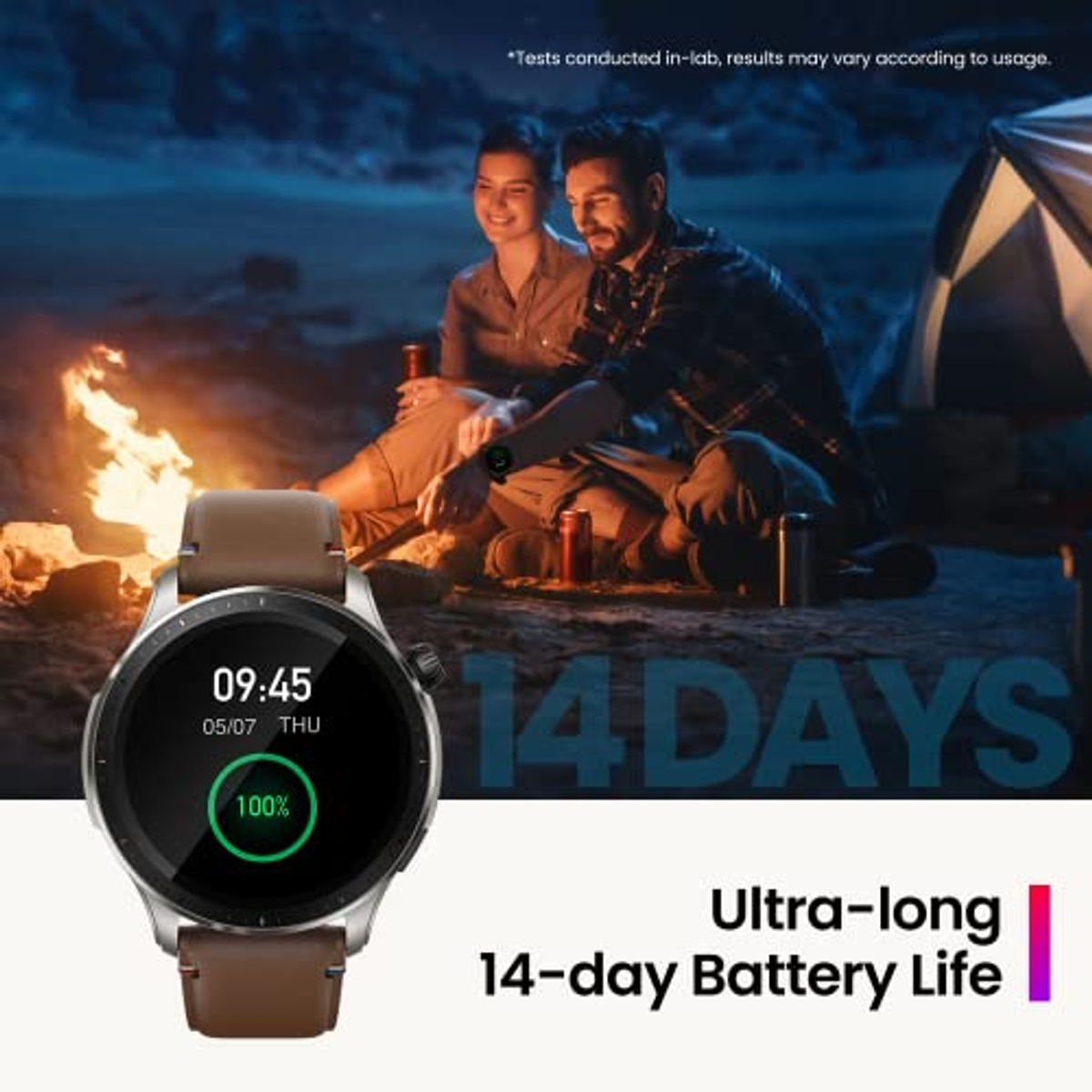 Uno smartwatch al polso, con due persone e un falò sullo sfondo, con la scritta '14 GIORNI'.