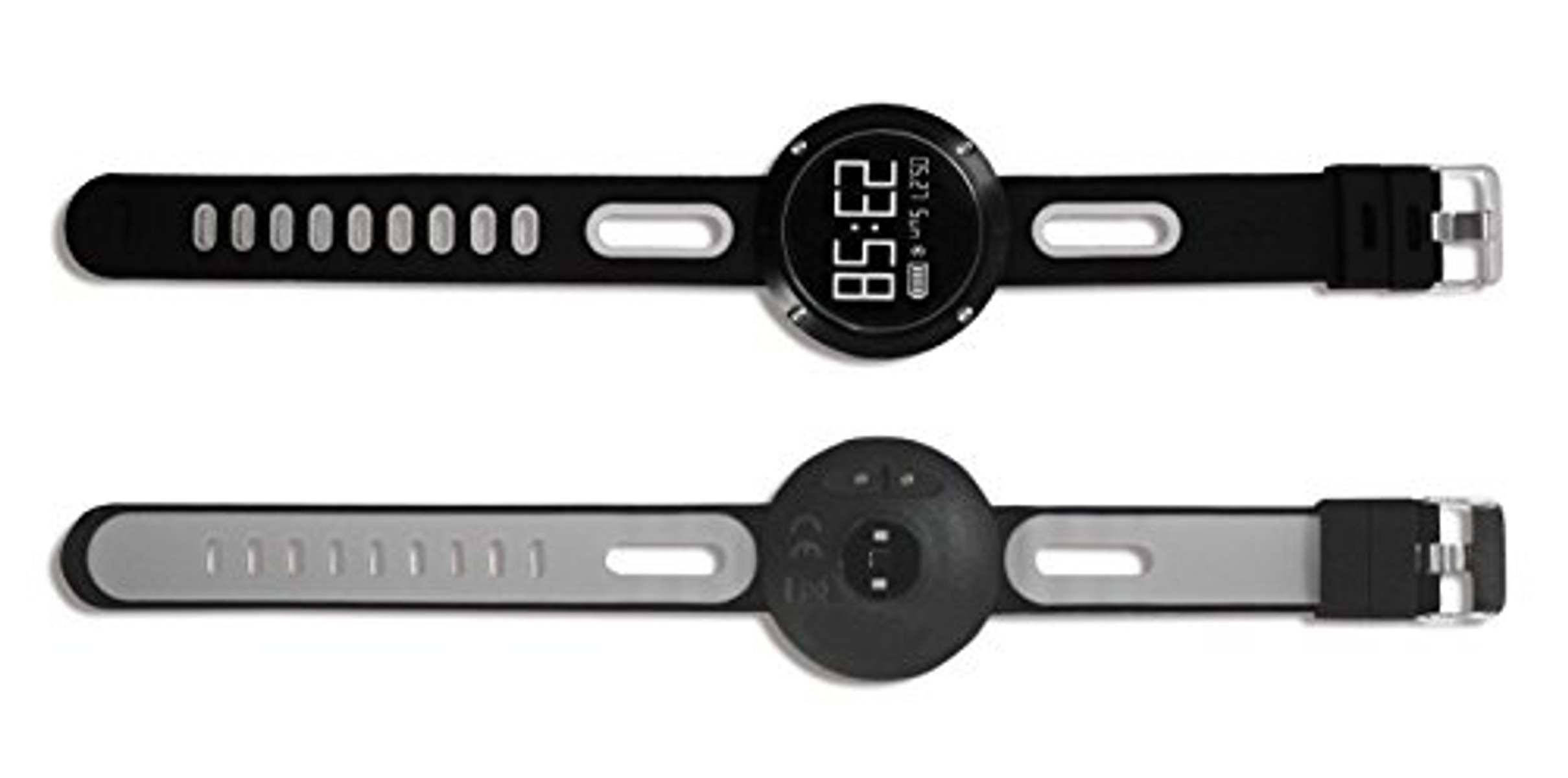Smartwatch con cinturino nero e grigio, che mostra l'ora e il conteggio dei passi.