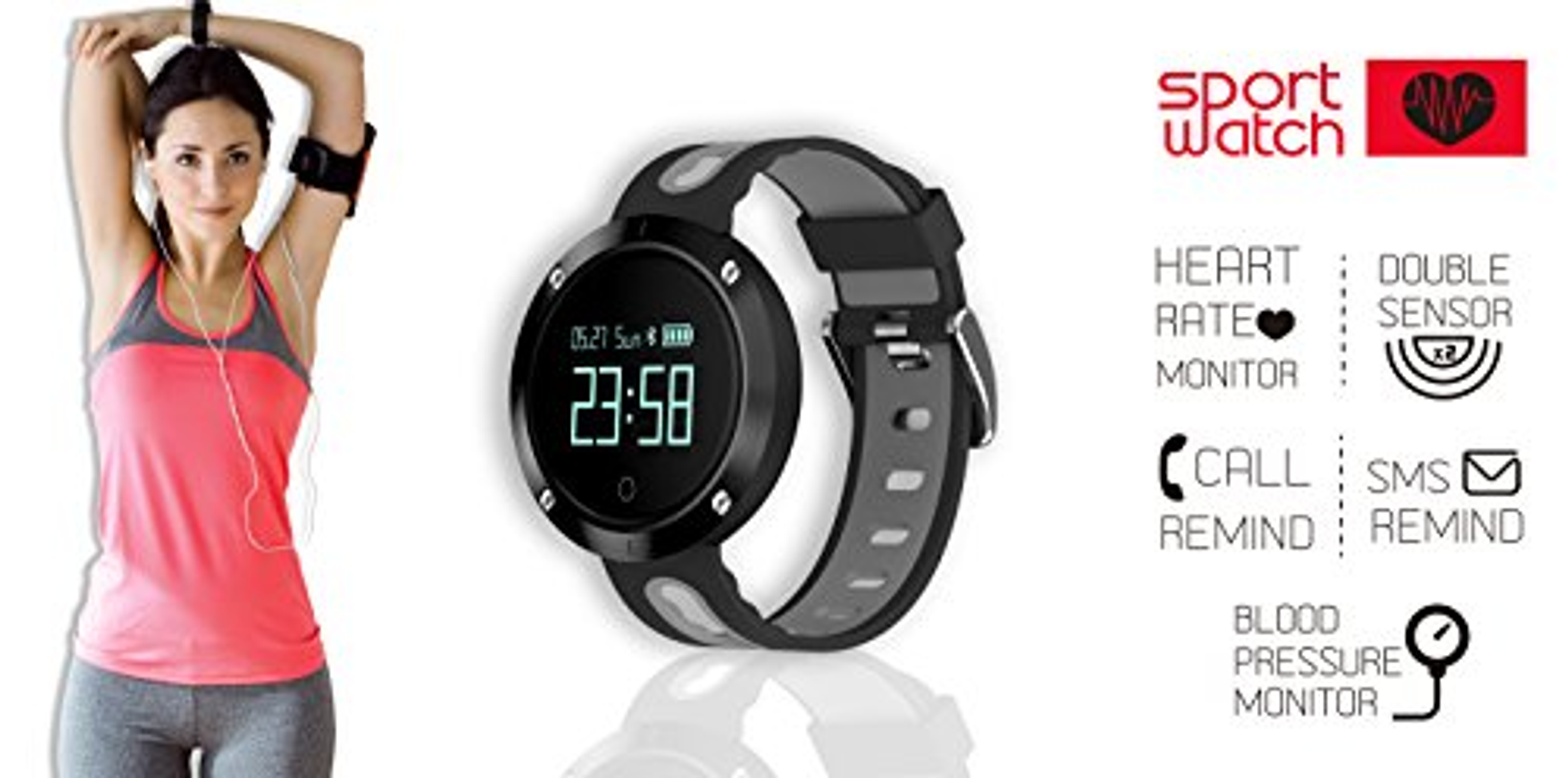 Donna che si allunga, indossa uno smartwatch e ascolta musica. Testo: 'Sport Watch'.
