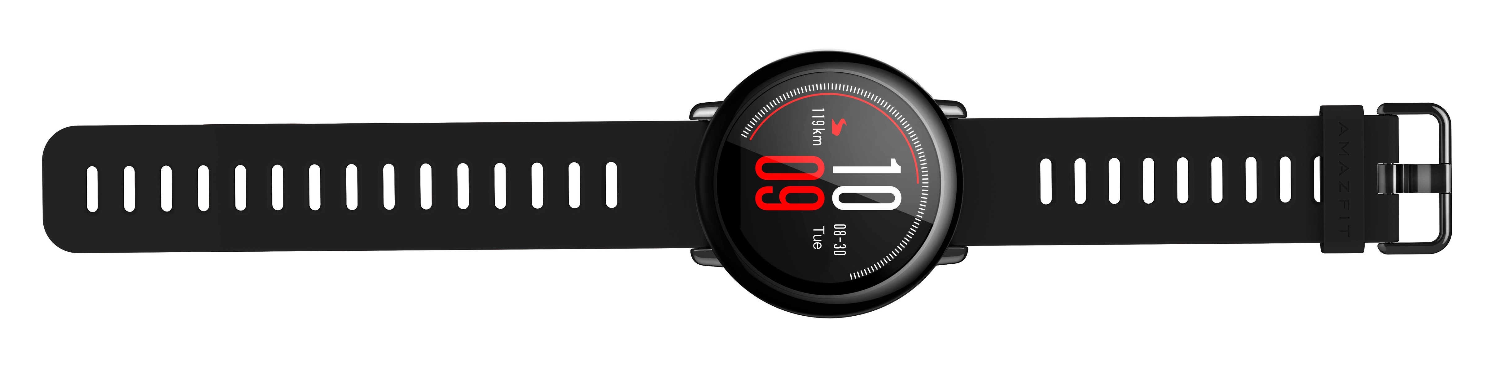 Smartwatch negra con correa negra, mostrando la hora y datos.