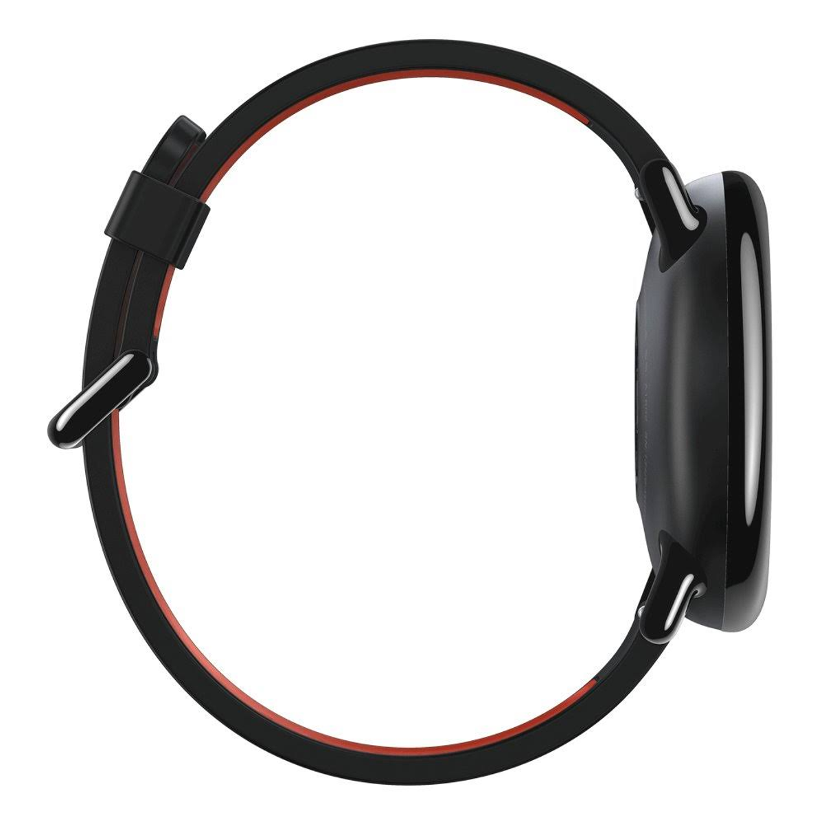Smartwatch negra con correa con borde rojo, vista lateral.