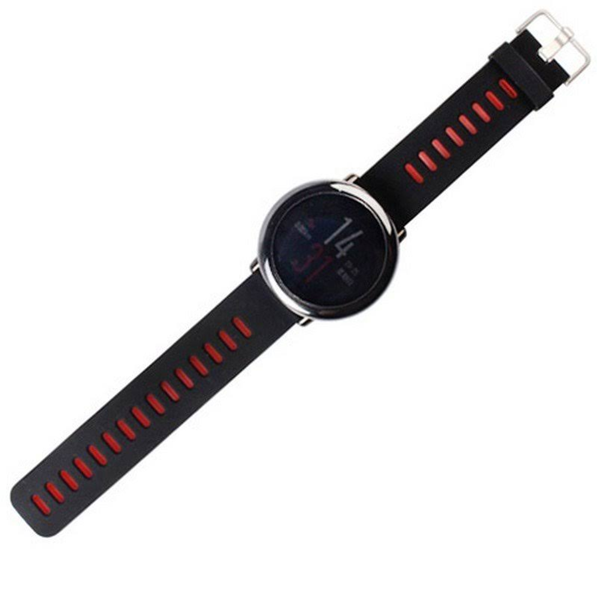 Smartwatch negra con correa negra, mostrando la hora, sobre superficie blanca.