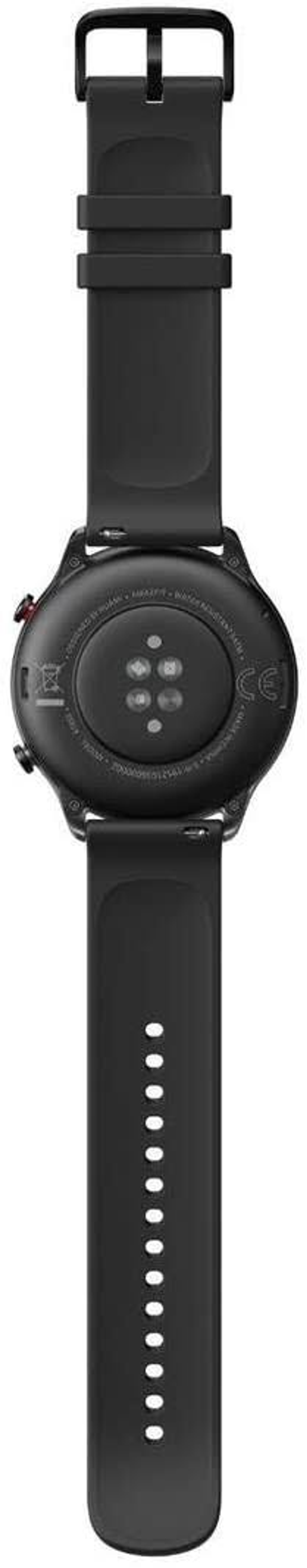 Smartwatch nero, vista posteriore, che mostra i sensori e i punti di attacco del cinturino.