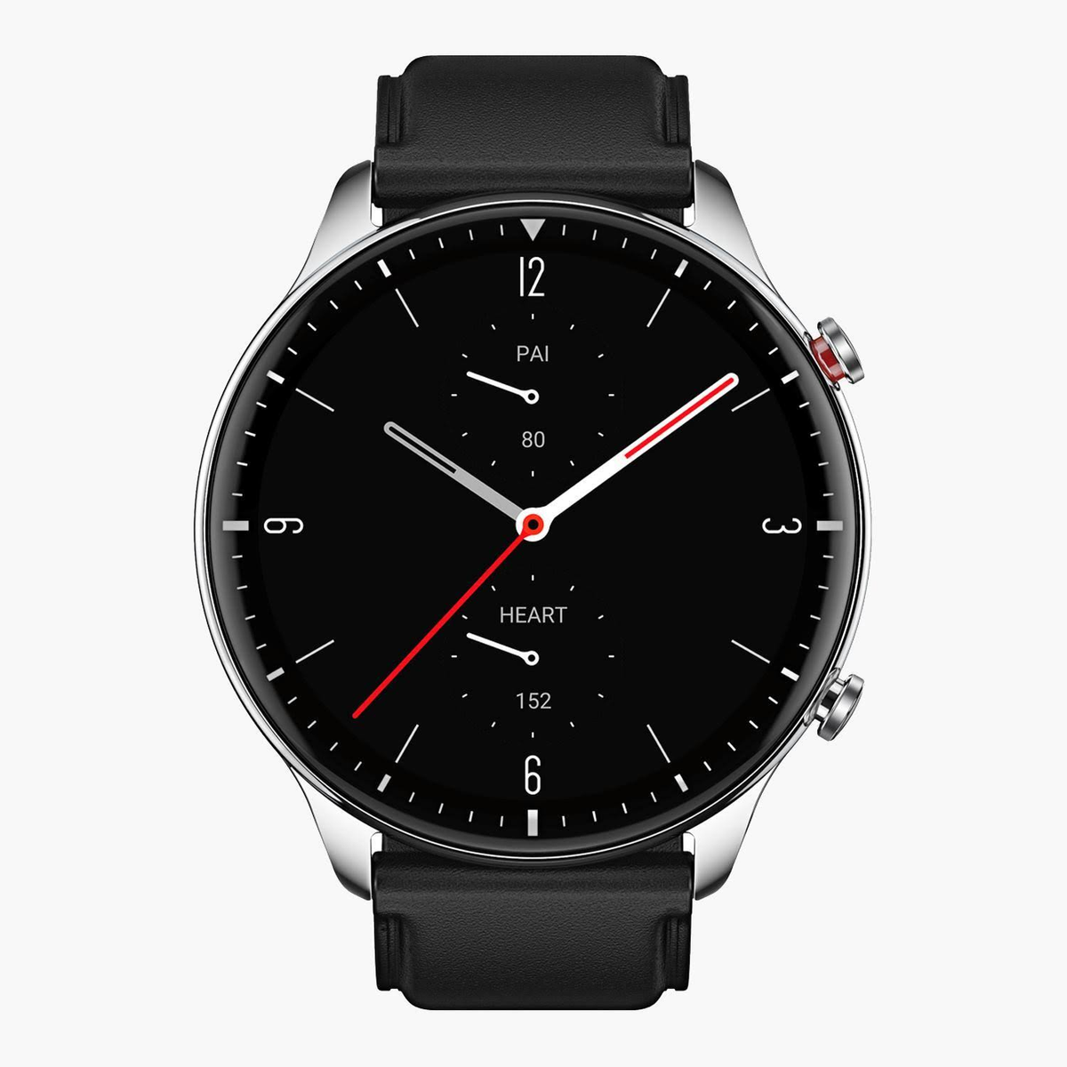 Smartwatch mit schwarzem Zifferblatt, zeigt Zeit, Herzfrequenz und PAI-Metriken. Schwarzes Lederarmband.