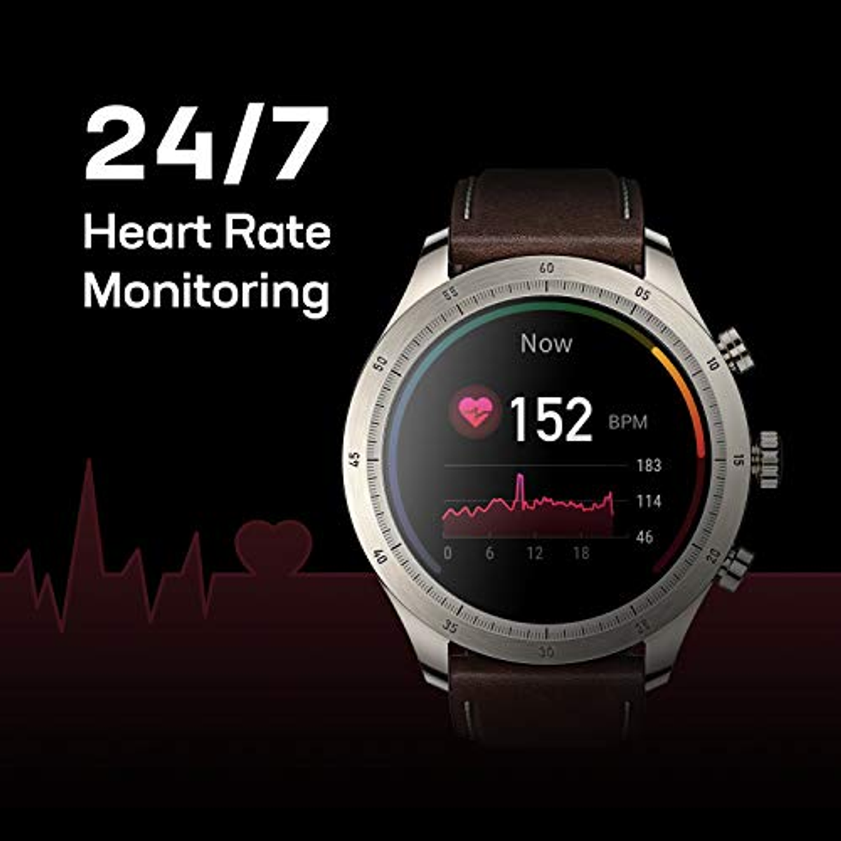 Smartwatch mit Herzfrequenzmesser. Anzeige zeigt 152 BPM. Text lautet 24/7 Herzfrequenzüberwachung.