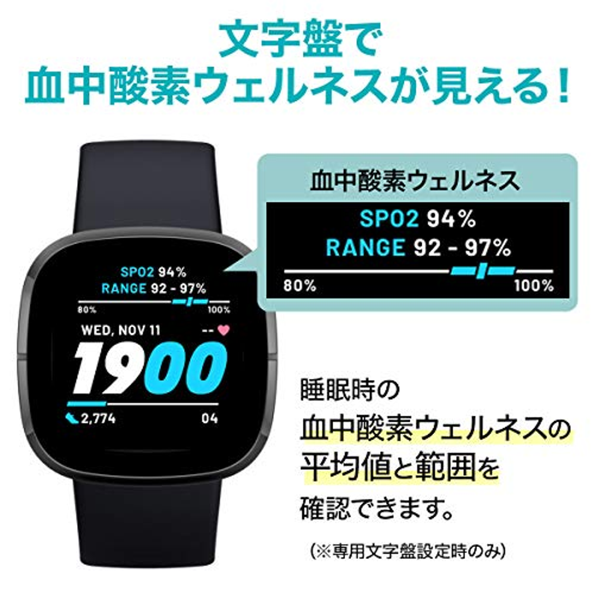 Smartwatch che mostra SPO2, intervallo e data. Ha un cinturino nero e visualizza i dati di benessere.