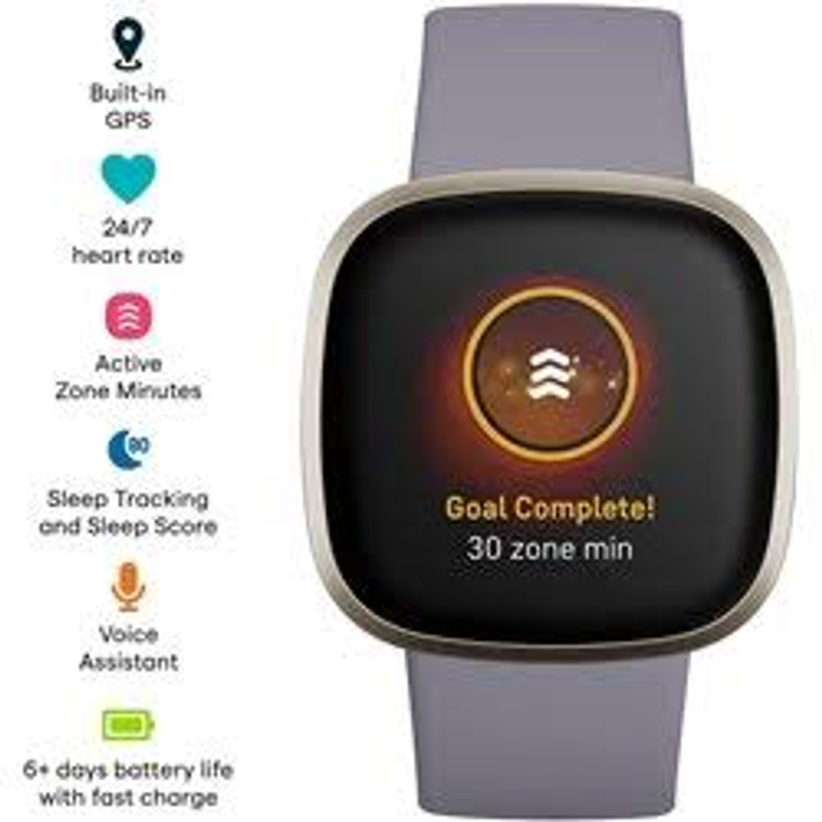 Eine graue Smartwatch, die eine 'Ziel erreicht!'-Nachricht mit verschiedenen Gesundheitsverfolgungs-Symbolen anzeigt.