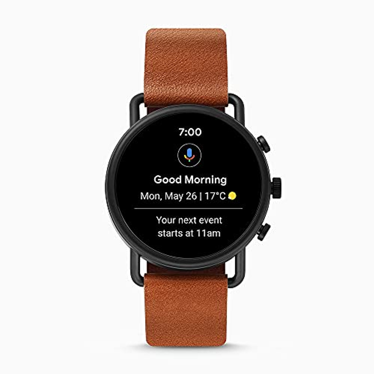 Czarny smartwatch z brązowym skórzanym paskiem. Wyświetla czas i powiadomienia.