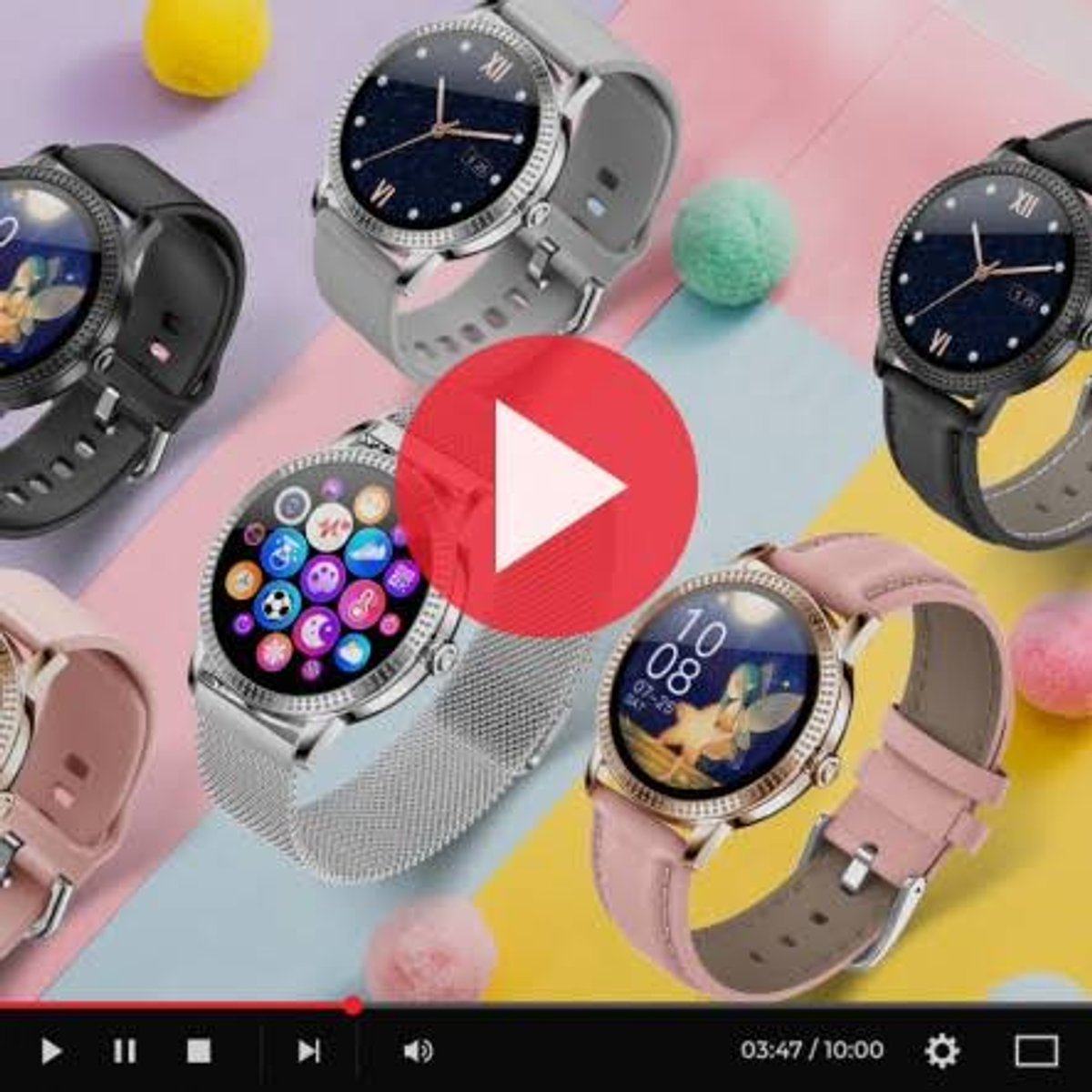 Smartwatch in un video con un pulsante di riproduzione. Vengono visualizzati vari quadranti.