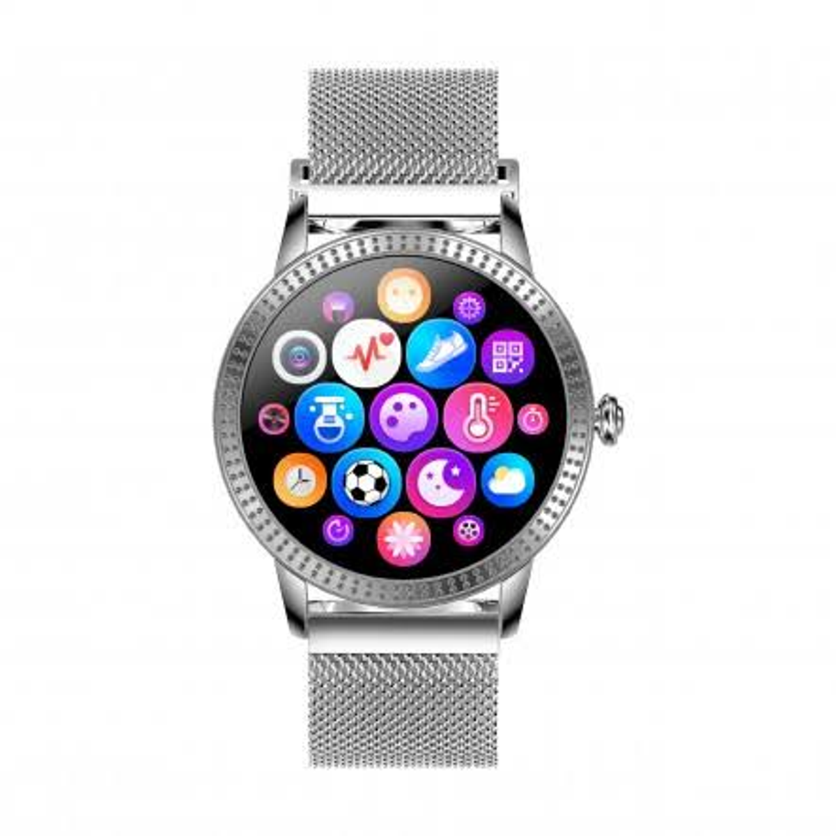 Uno smartwatch argentato mostra varie icone di app sullo schermo. Il cinturino è argentato.