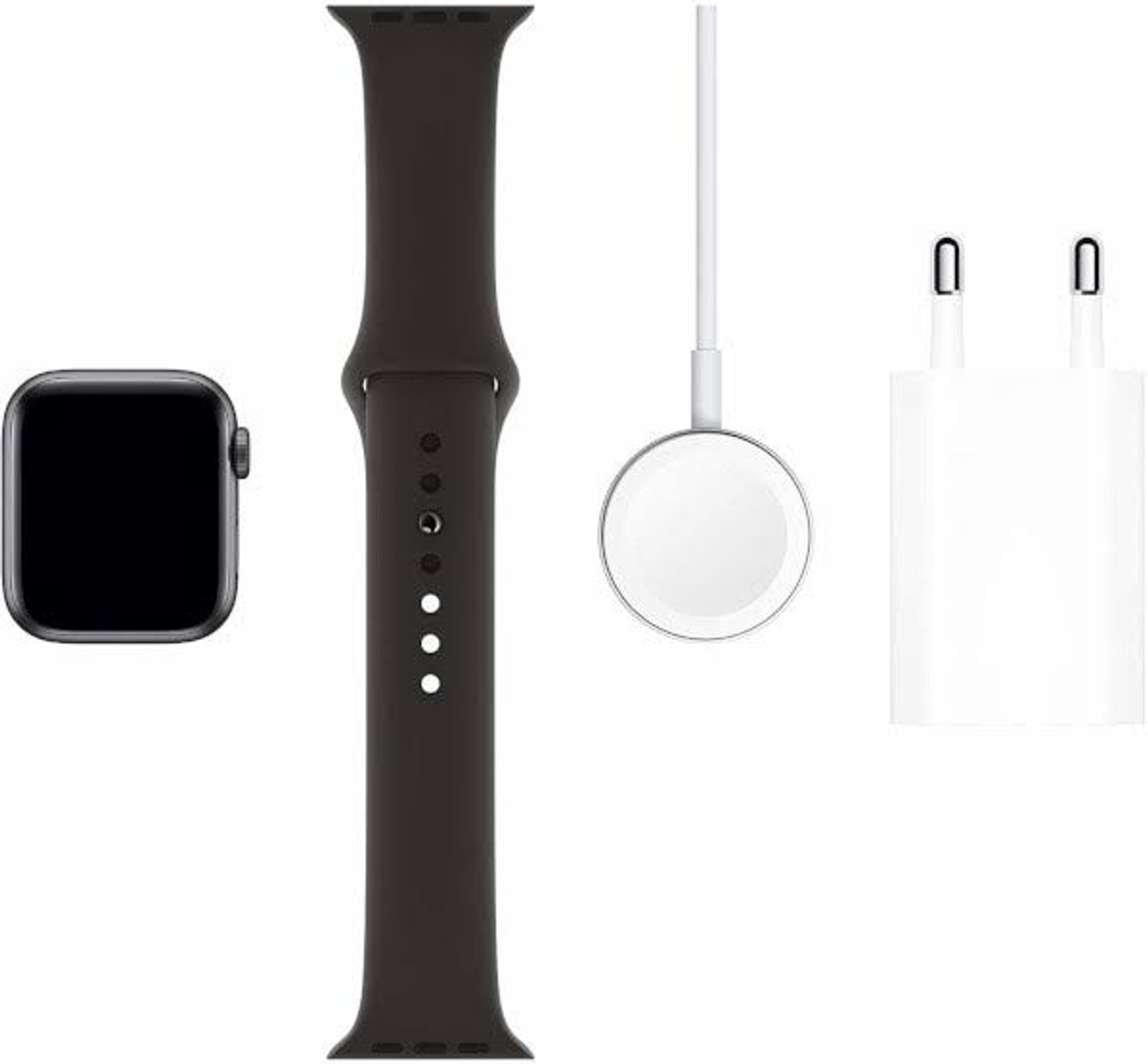Componentes de Apple Watch: reloj, correa, cargador y adaptador de corriente. Todo blanco y negro.