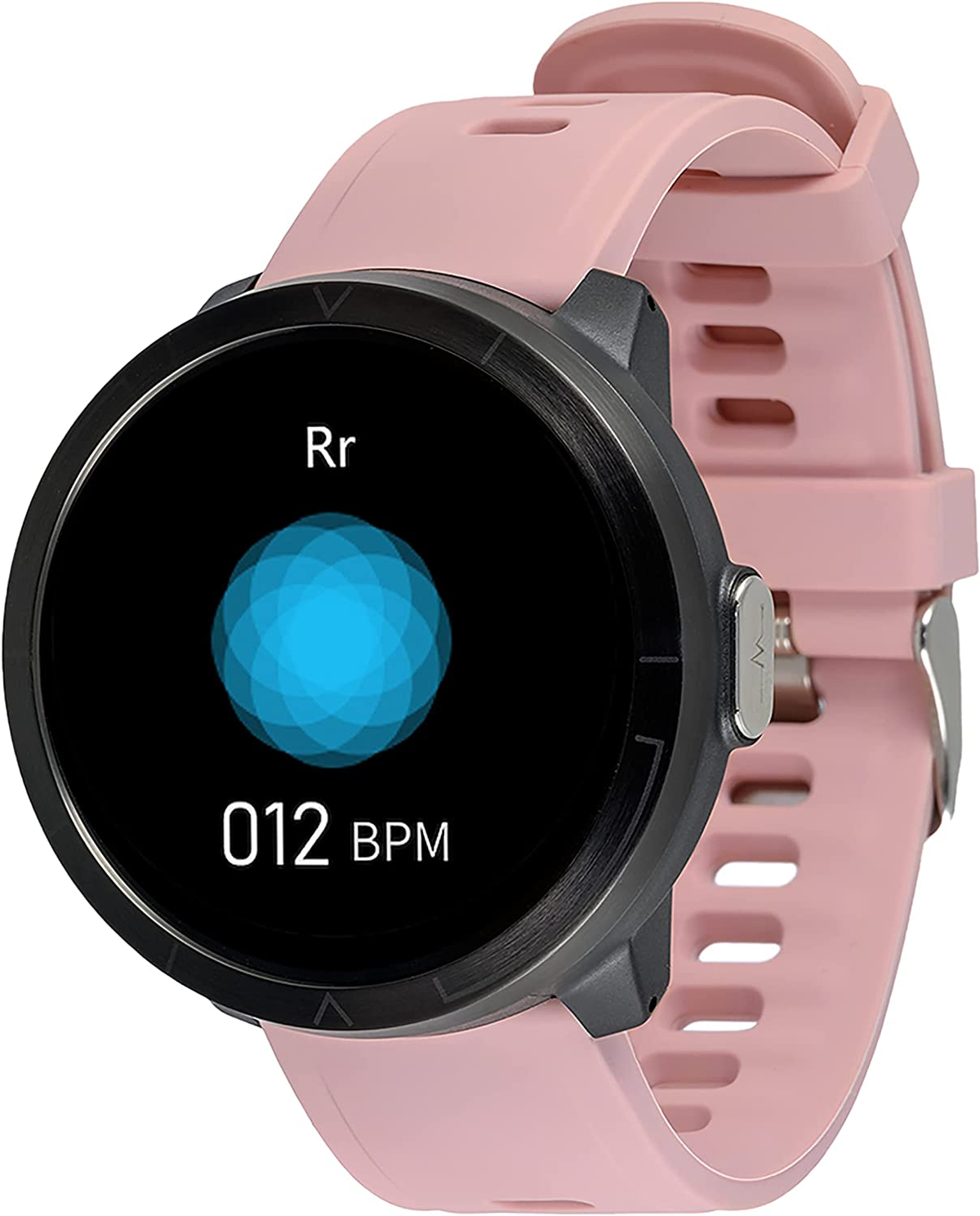 Różowy smartwatch z czarnym ekranem wyświetlającym niebieską kulę i 012 BPM.
