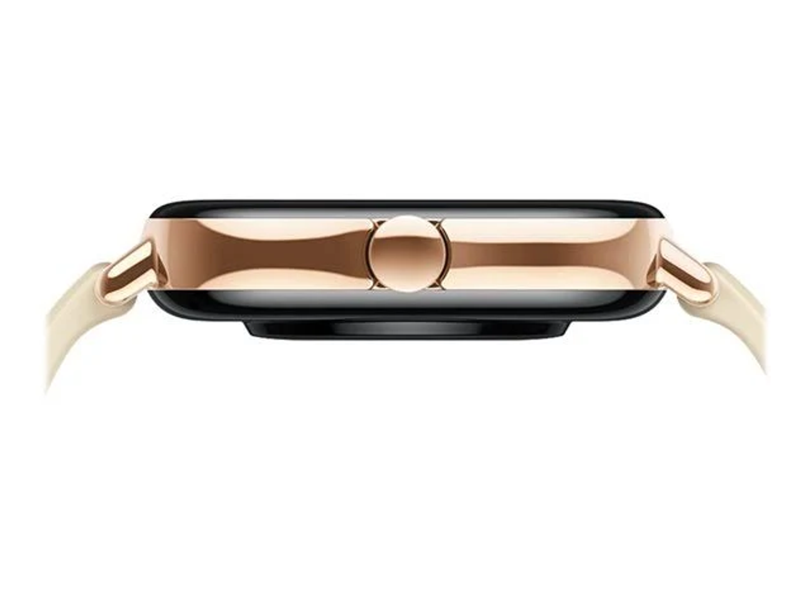 Widok z boku smartwatcha pokazujący boczny przycisk i kremowy pasek.