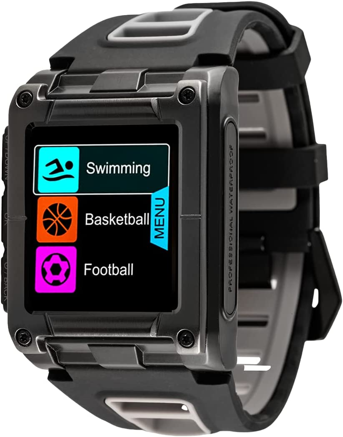 Quadratische Smartwatch mit Sportoptionen: Schwimmen, Basketball, Fußball. Schwarz-graues Design.