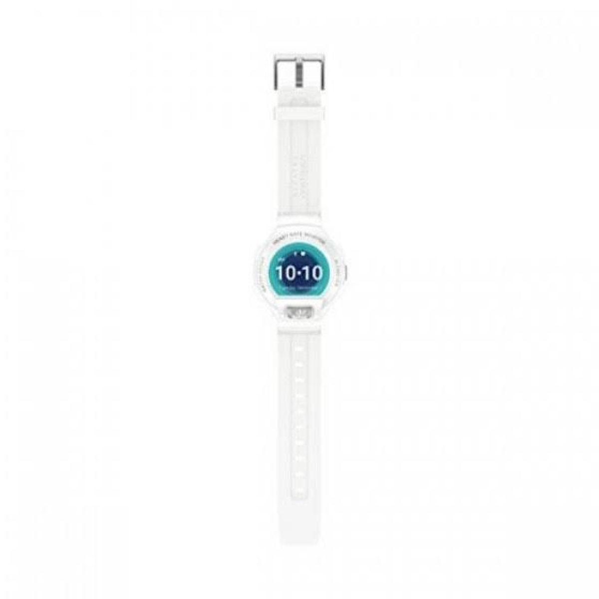 Un reloj inteligente blanco que muestra la hora 10:10. El reloj tiene una correa blanca y una pantalla redonda.