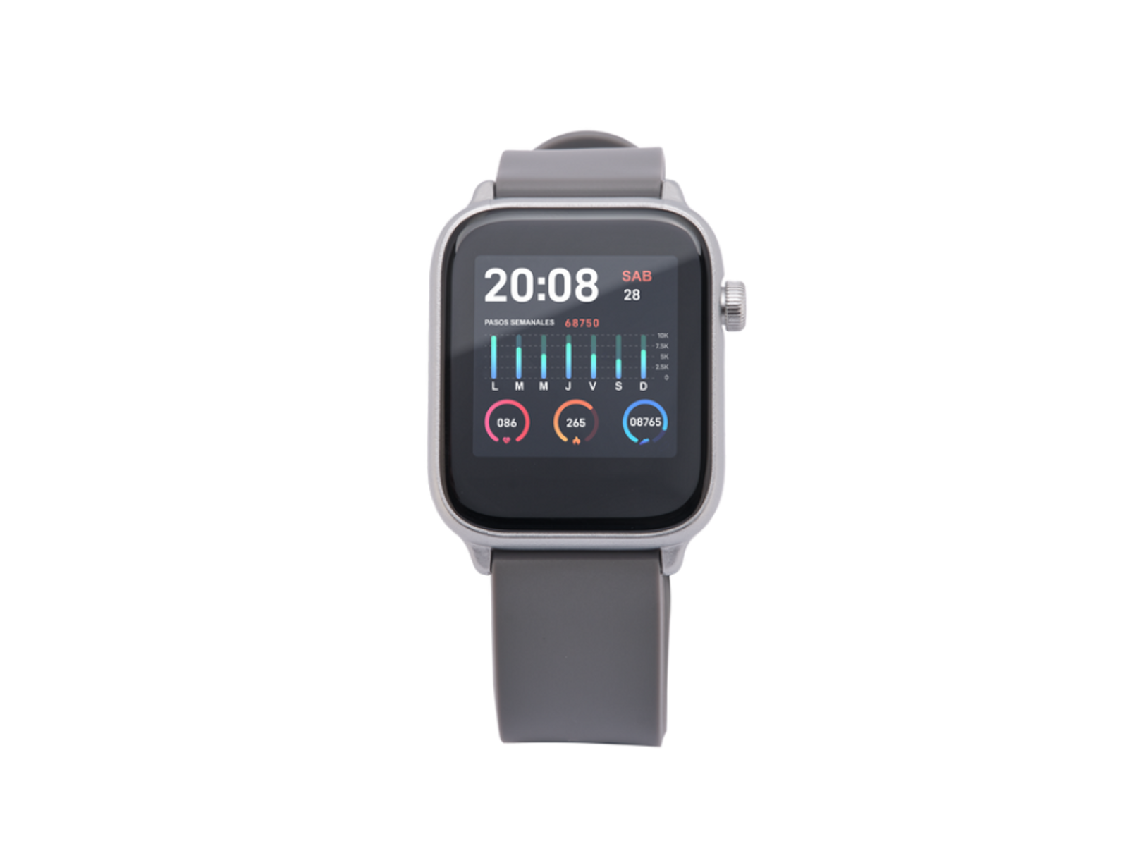 Eine Smartwatch mit grauem Armband zeigt Zeit, Schritte und Aktivitätsfortschritt.