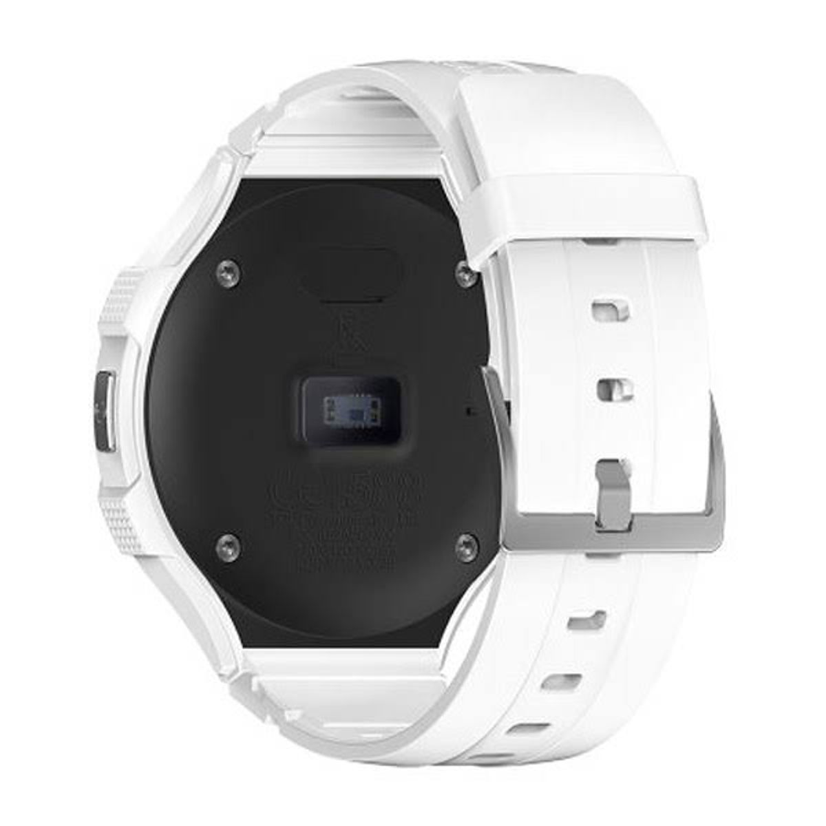 Smartwatch blanca mostrando la parte inferior con el sensor, sobre un fondo blanco.