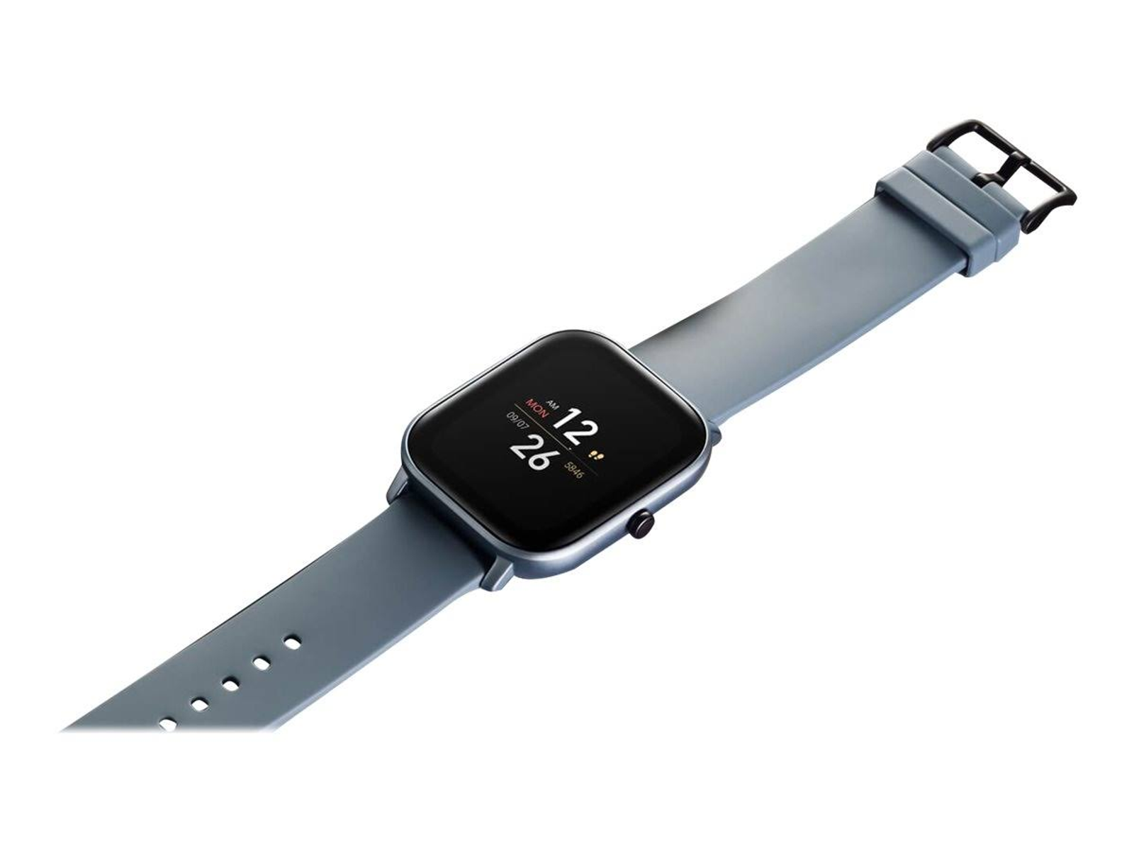 Uno smartwatch con cinturino grigio. Il quadrante è nero con numeri bianchi e un display digitale.