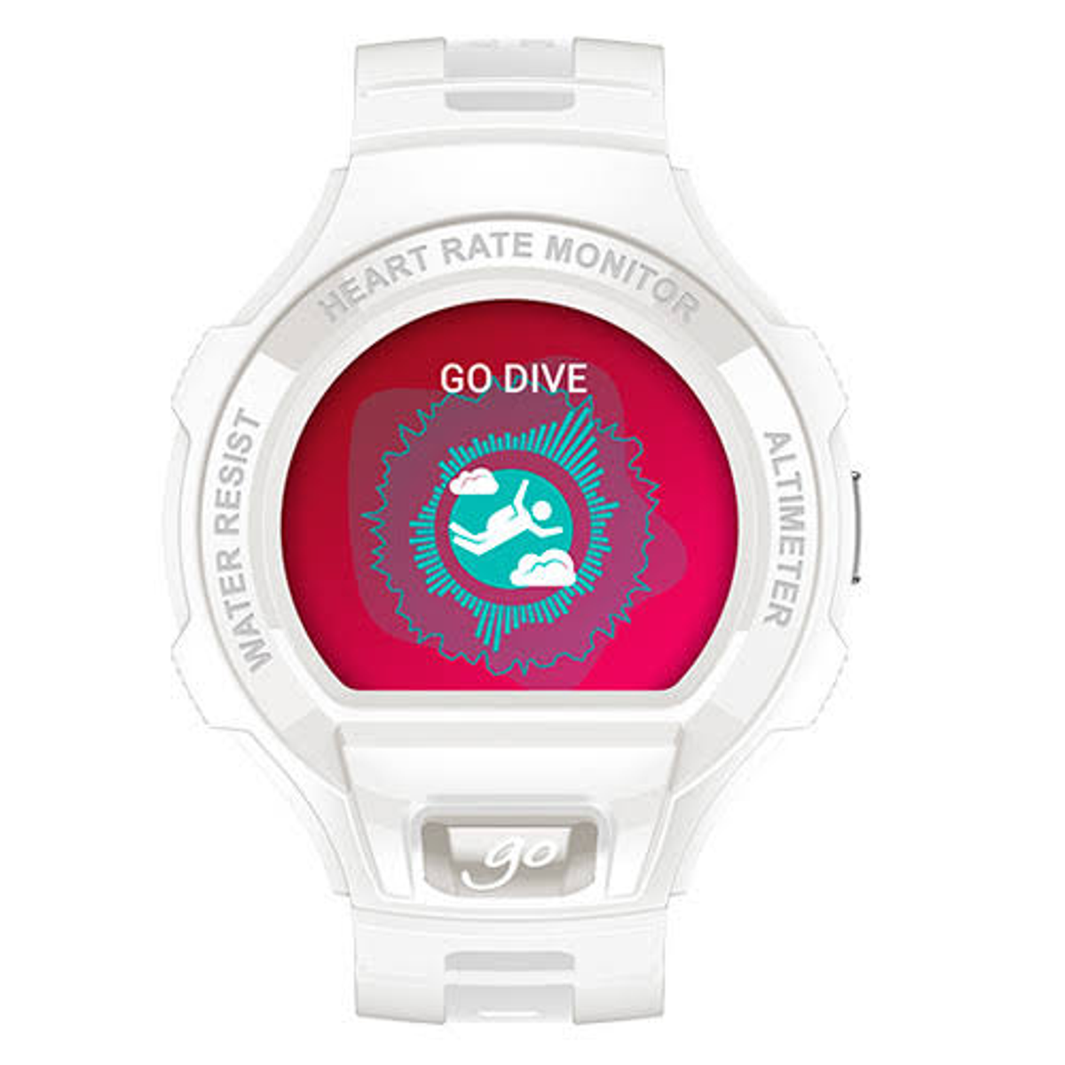Smartwatch blanca, pantalla roja mostrando gráficos y texto: GO DIVE. Correa blanca, fondo blanco.