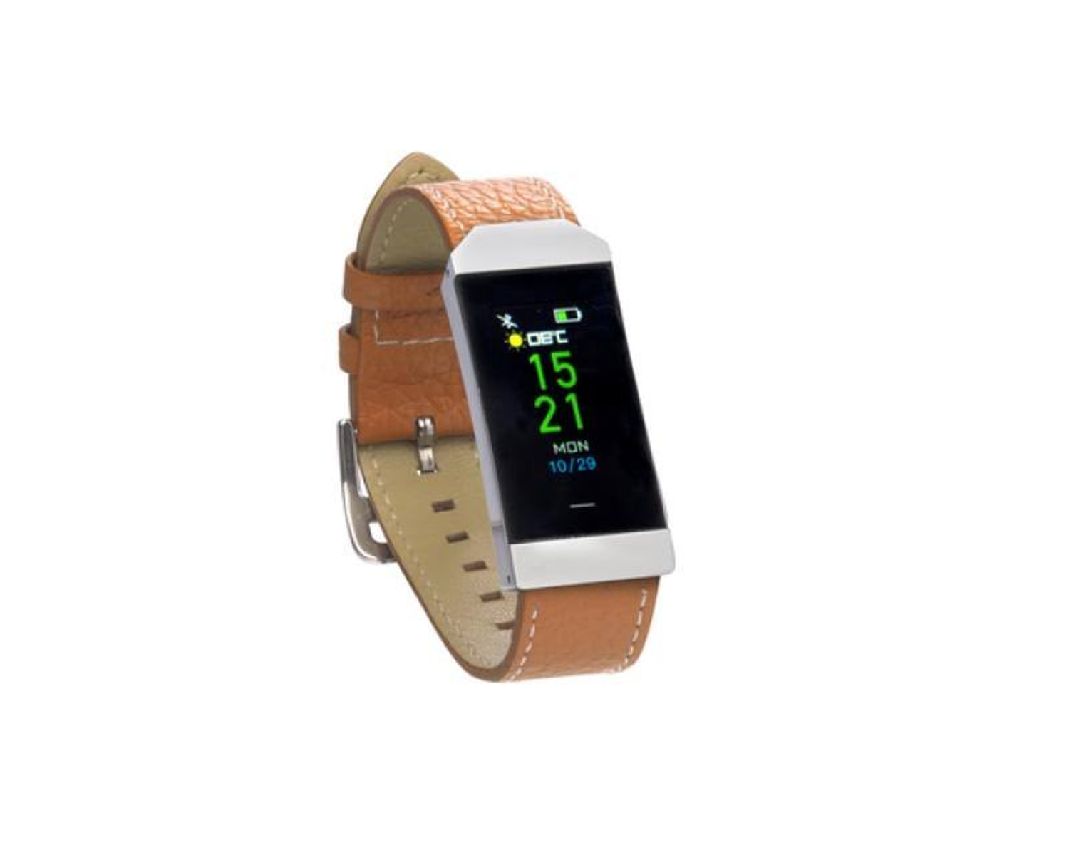 Smartwatch con una correa de cuero marrón, mostrando la hora y la batería. Fondo blanco.