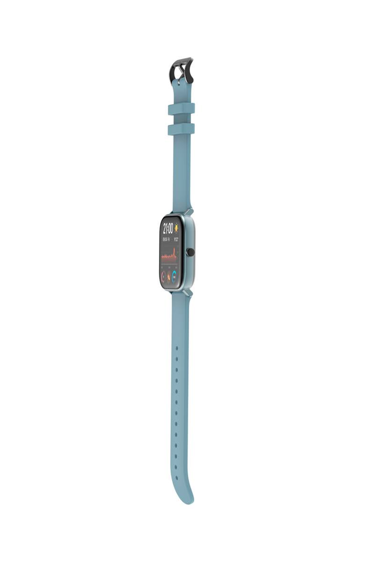Smartwatch azzurro con cinturino blu, visualizzato verticalmente su sfondo bianco.
