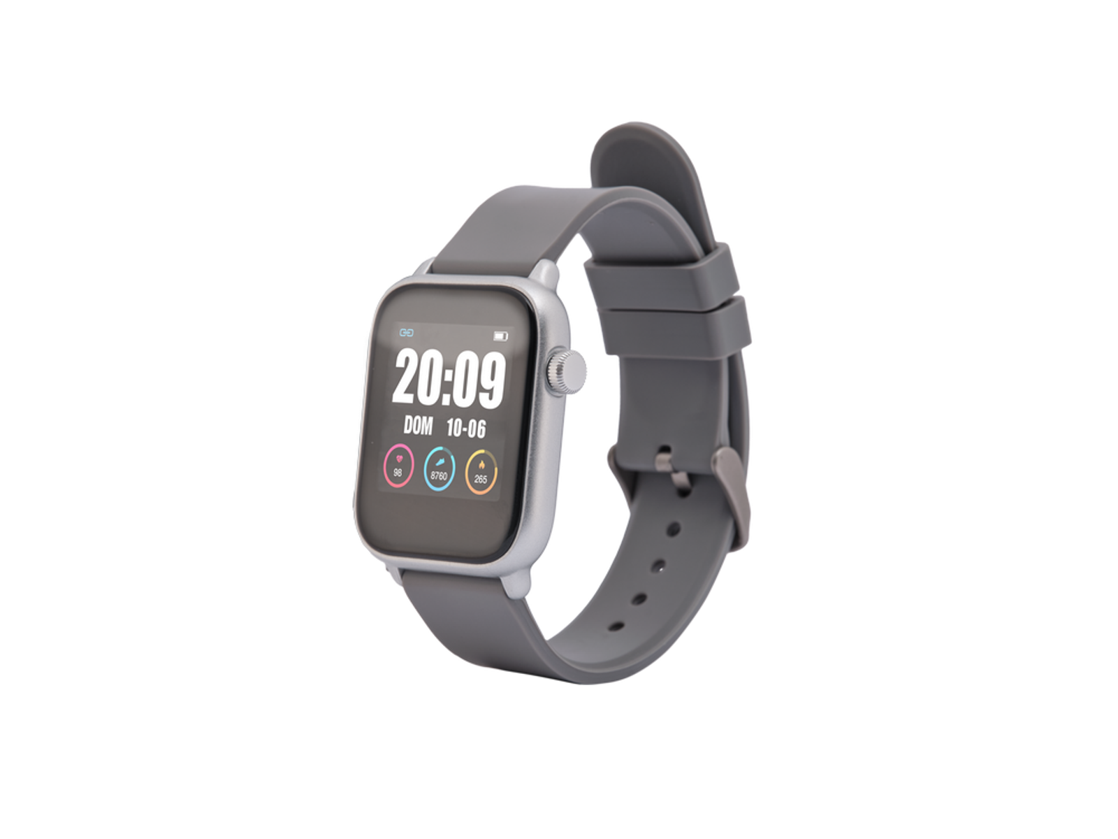 Graue Smartwatch mit grauem Armband. Das Display zeigt die Uhrzeit 20:09. Auf weißem Hintergrund.