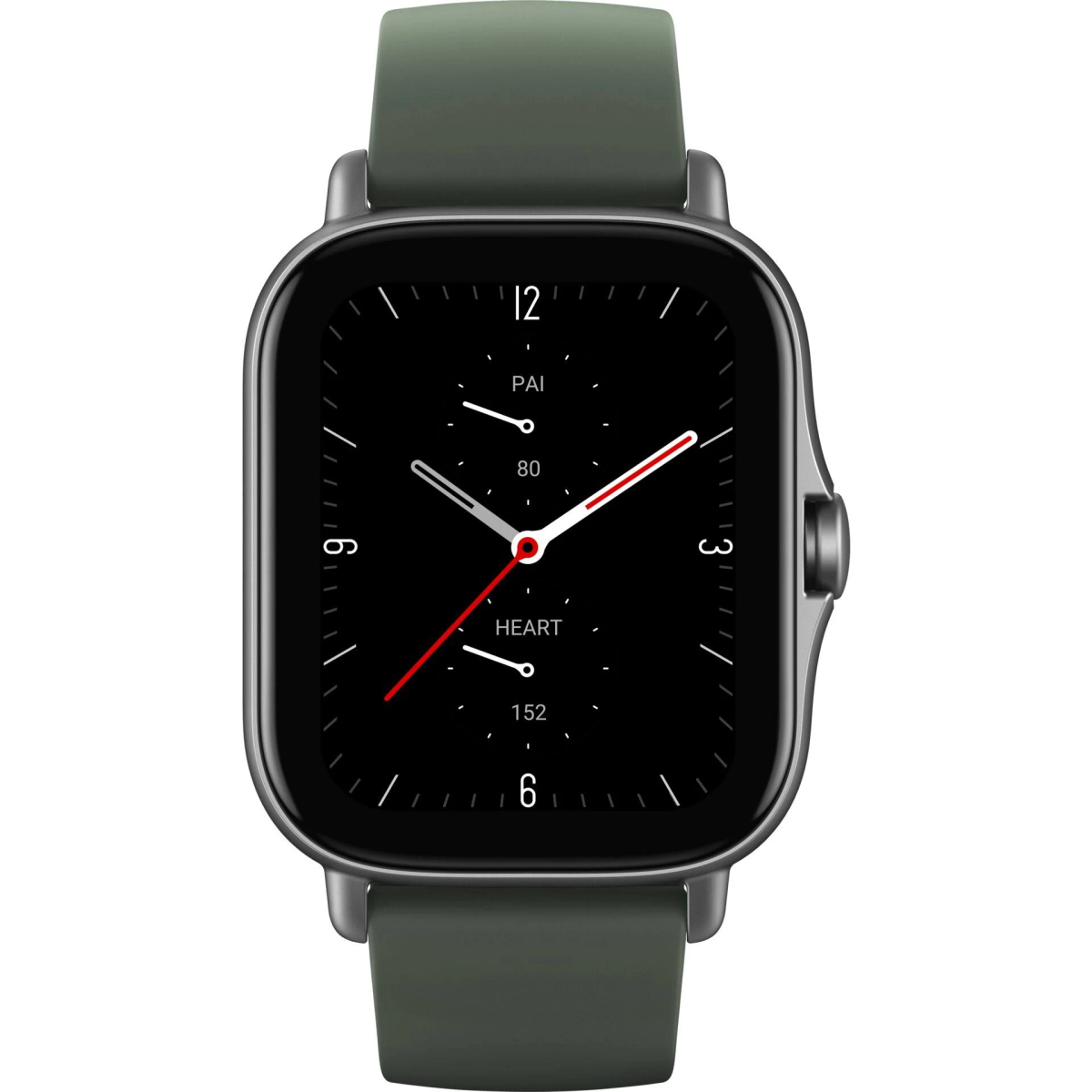 Smartwatch mit schwarzem Bildschirm, der Zeit, Herzfrequenz und andere Metriken anzeigt. Grünes Armband und graues Gehäuse.