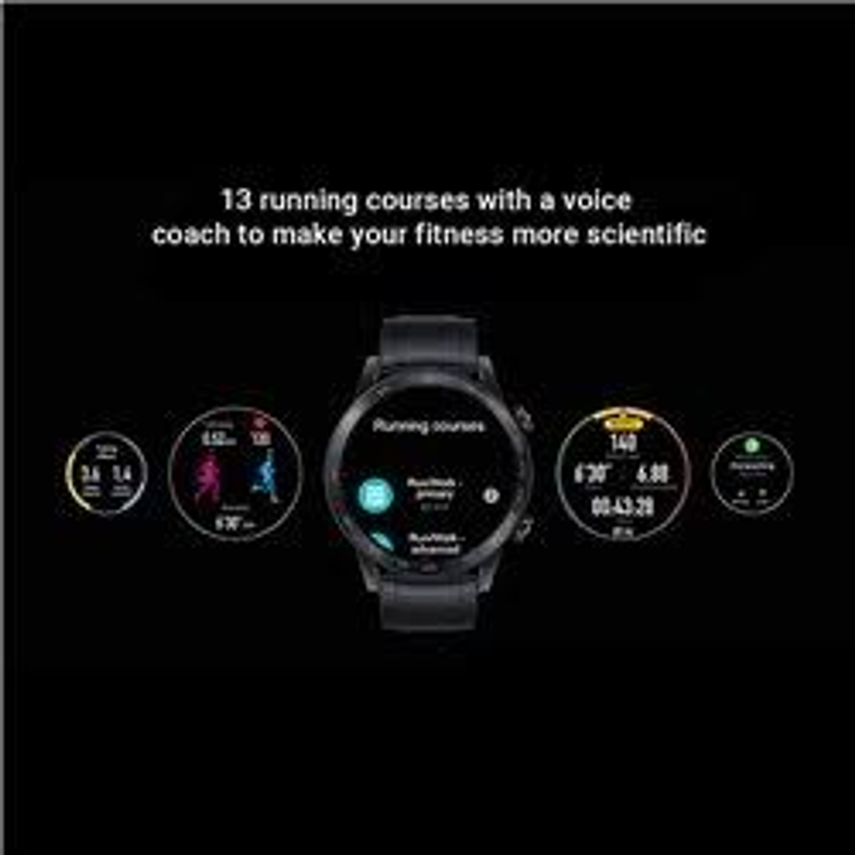 Smartwatch nero con vari display circolari di attività. Testo: 13 percorsi di corsa con coach.