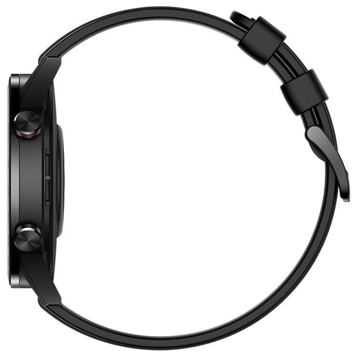 Vista laterale di uno smartwatch nero. Mostra il design curvo e il cinturino.