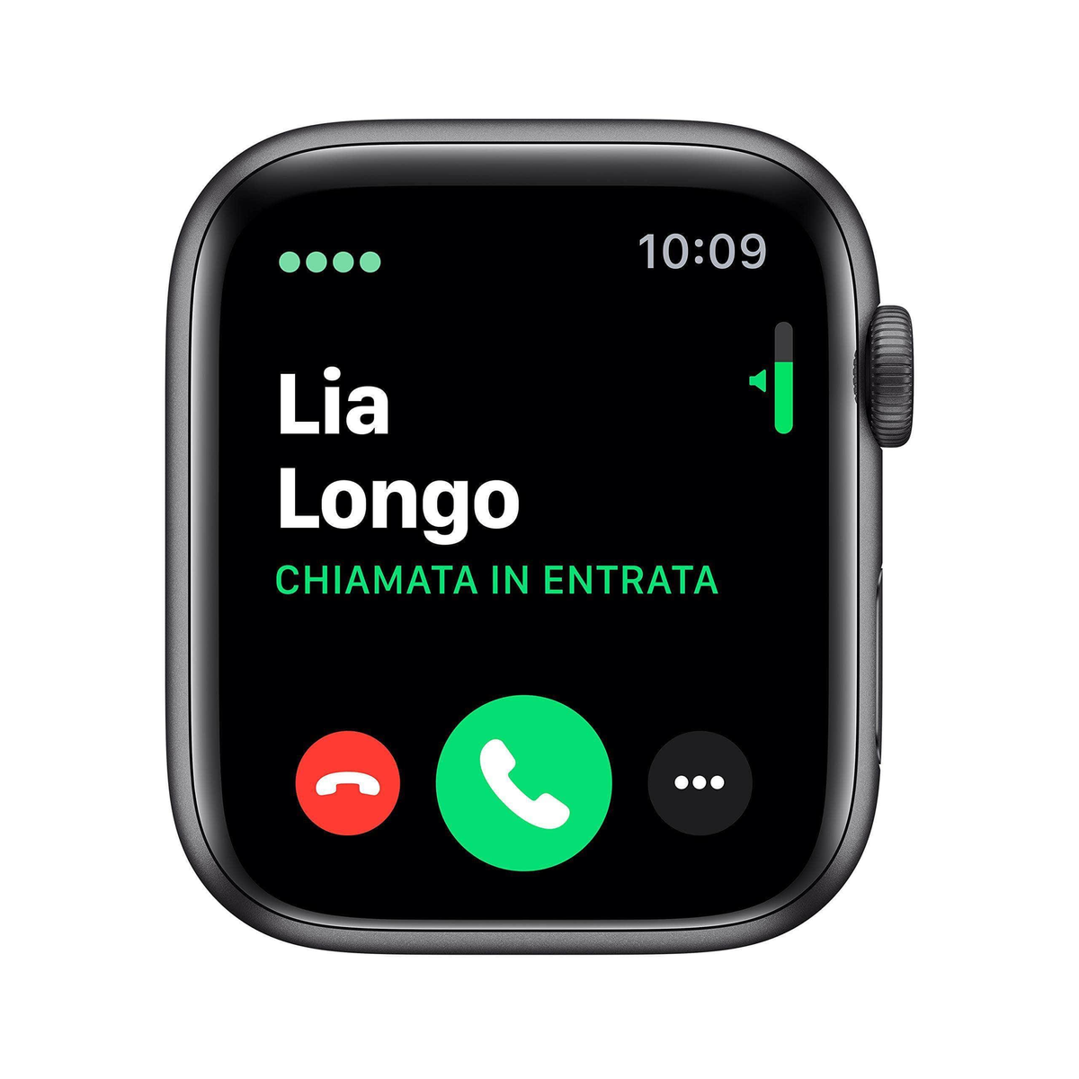 Una pantalla de reloj inteligente que muestra una llamada entrante de Lia Longo.