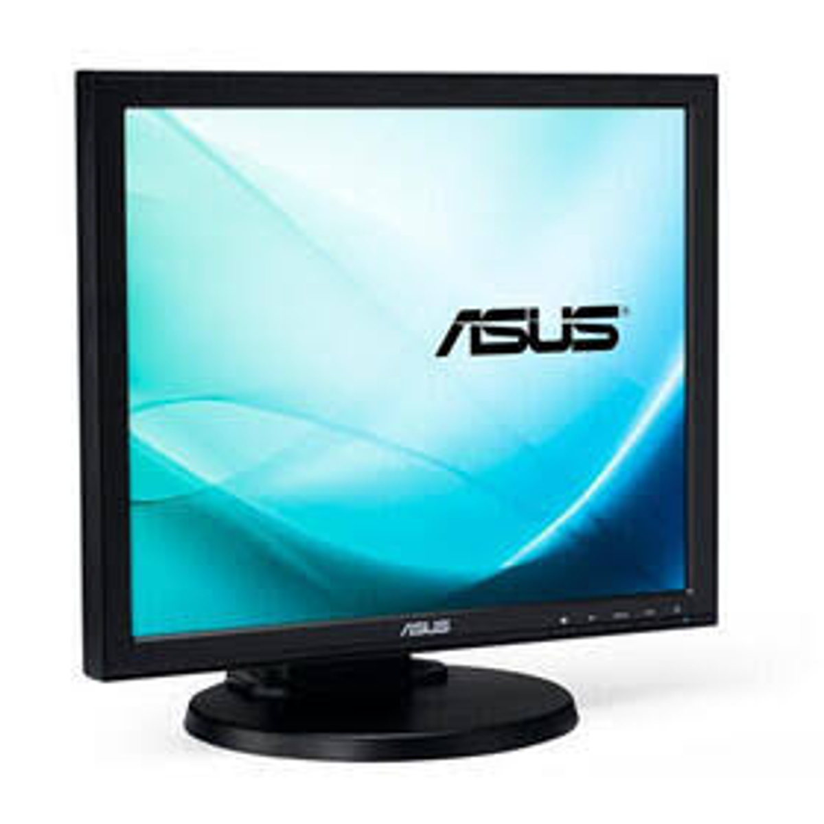 Monitor negro con soporte negro. La pantalla muestra un degradado azul claro y blanco con el logo 'ASUS'.