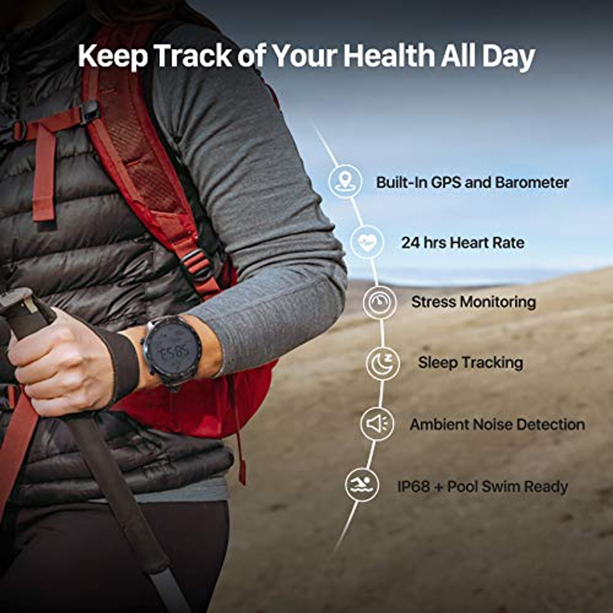 Una persona usando un smartwatch con funciones de seguimiento de salud mientras camina.