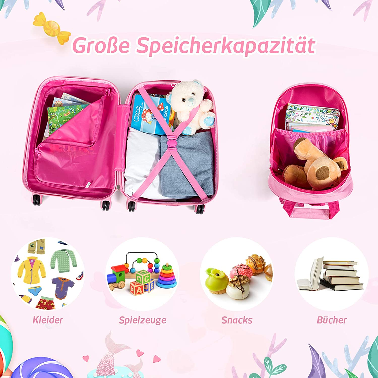 Pinker Koffer und Rucksack mit Kleidung, Spielzeug, Snacks und Büchern. Text: Große Speicherkapazität.