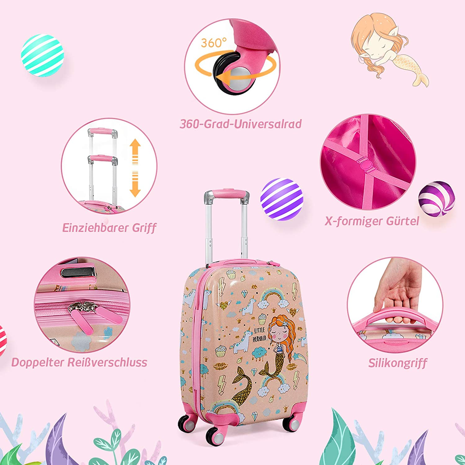Pinker Meerjungfrau-Koffer mit Illustrationen einer Meerjungfrau und anderer Meereskreaturen. Er hat Räder und Griff.