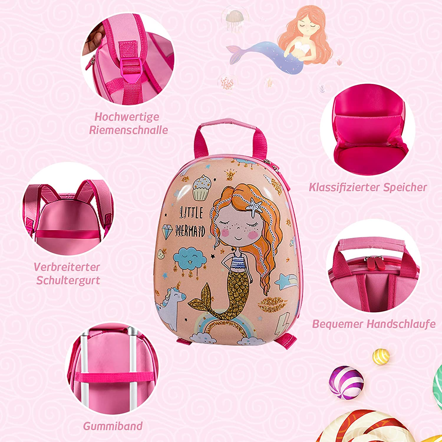 Ein pinkfarbener Rucksack im Meerjungfrauen-Stil mit verschiedenen beschrifteten Merkmalen.